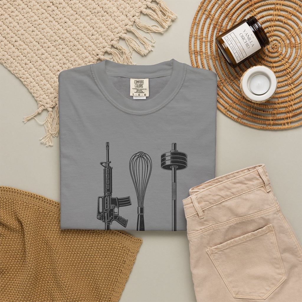 Triple Threat T-Shirt — Funny Chef, Weightlifting & Firearm Graphic Tee