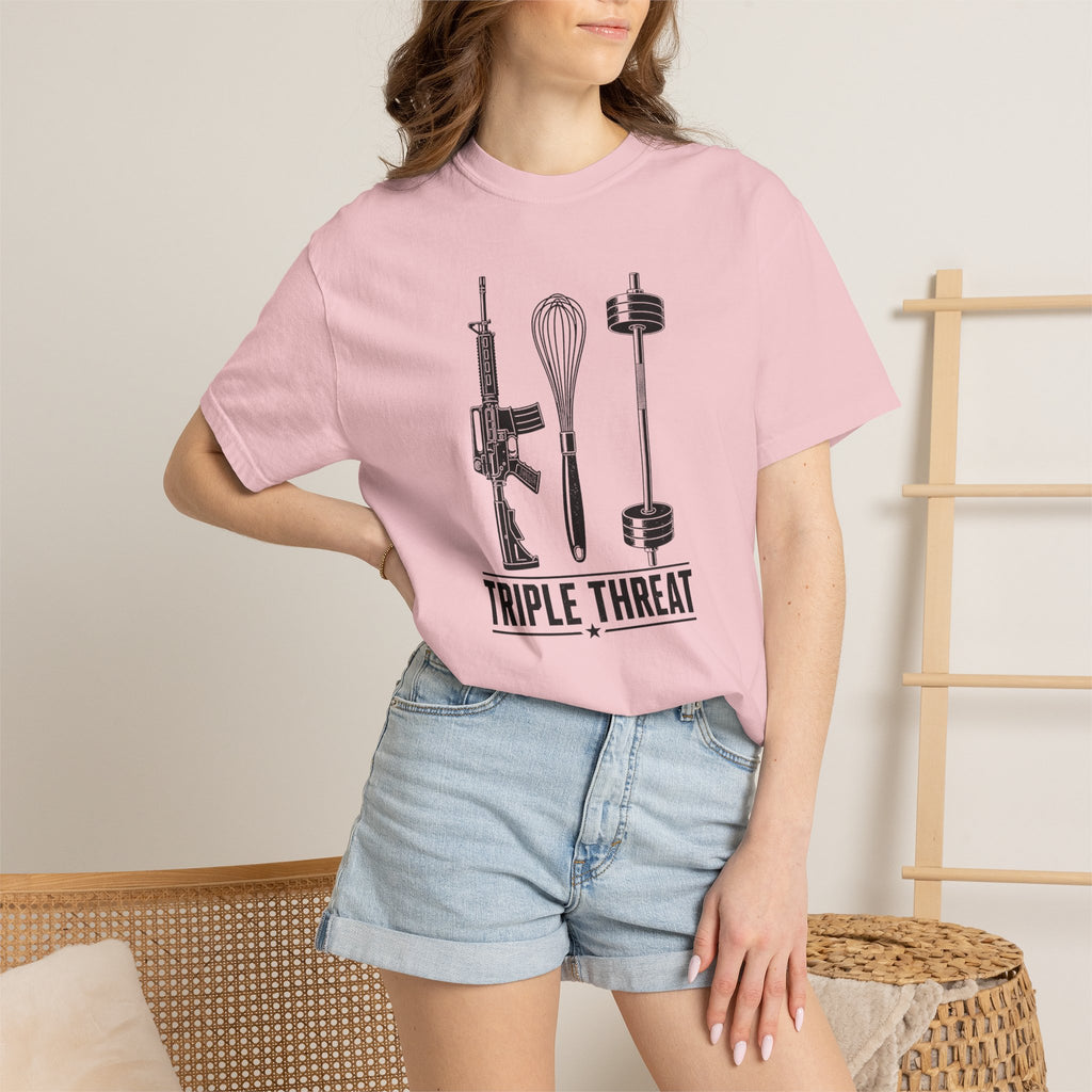 Triple Threat T-Shirt — Funny Chef, Weightlifting & Firearm Graphic Tee