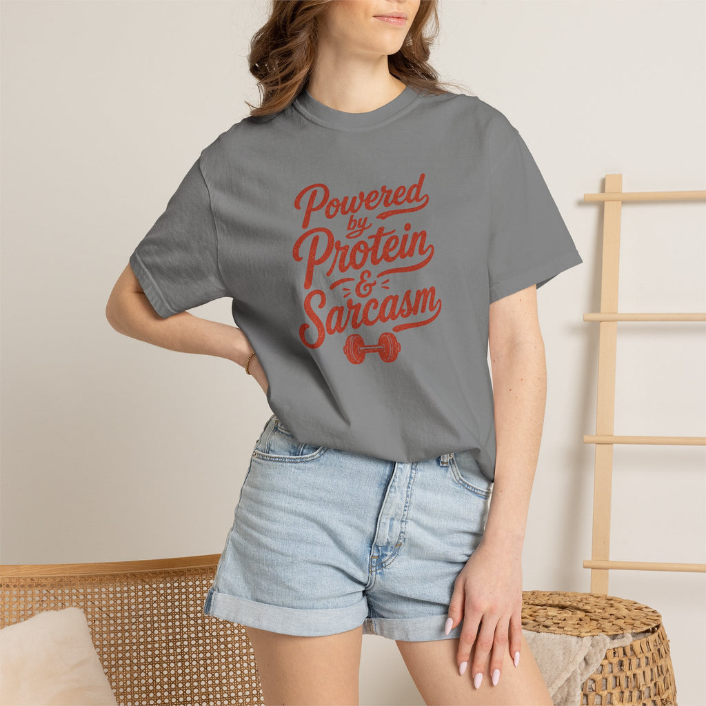 Protein & Sarcasm T-Shirt — 'Powered by Protein & Sarcasm' Graphic Tee