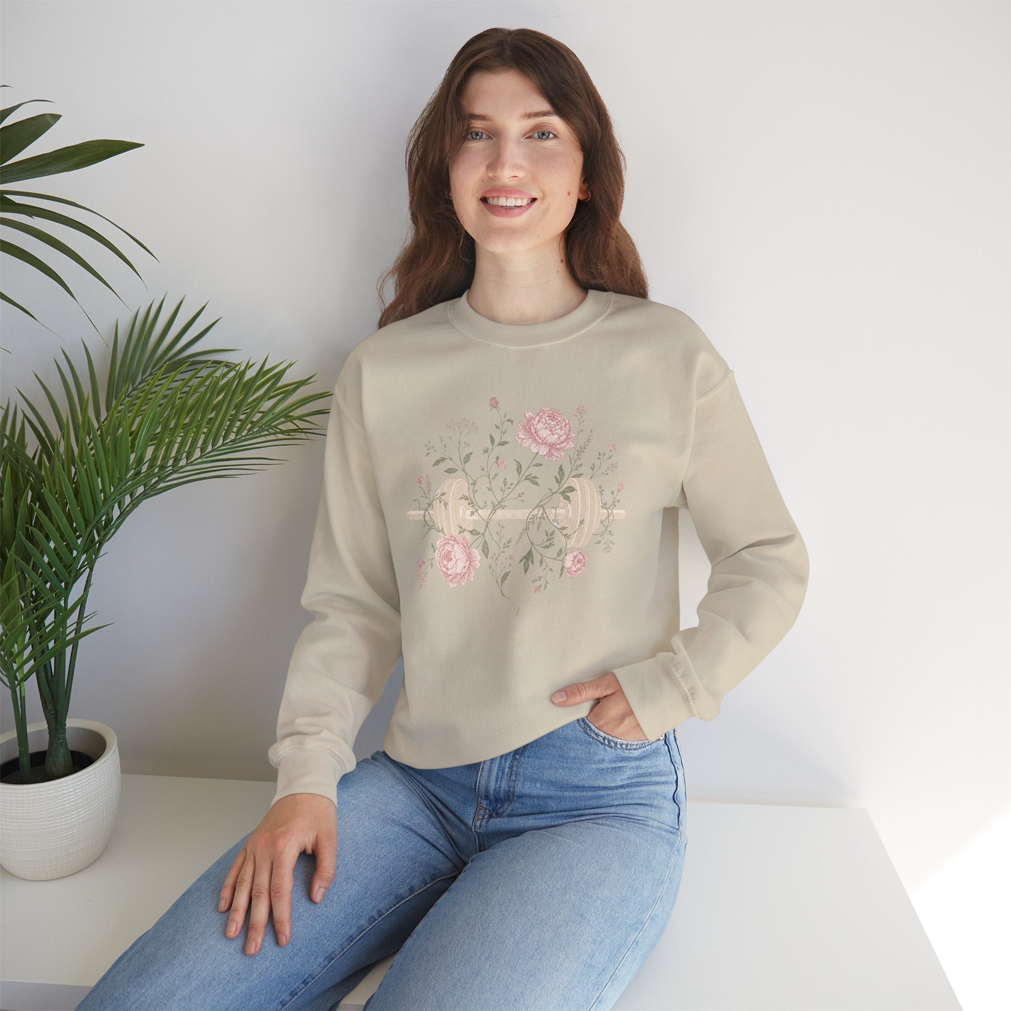 Dumbbell Floral Sweatshirt — Weightlifting Floral Crewneck for Fitness Lovers