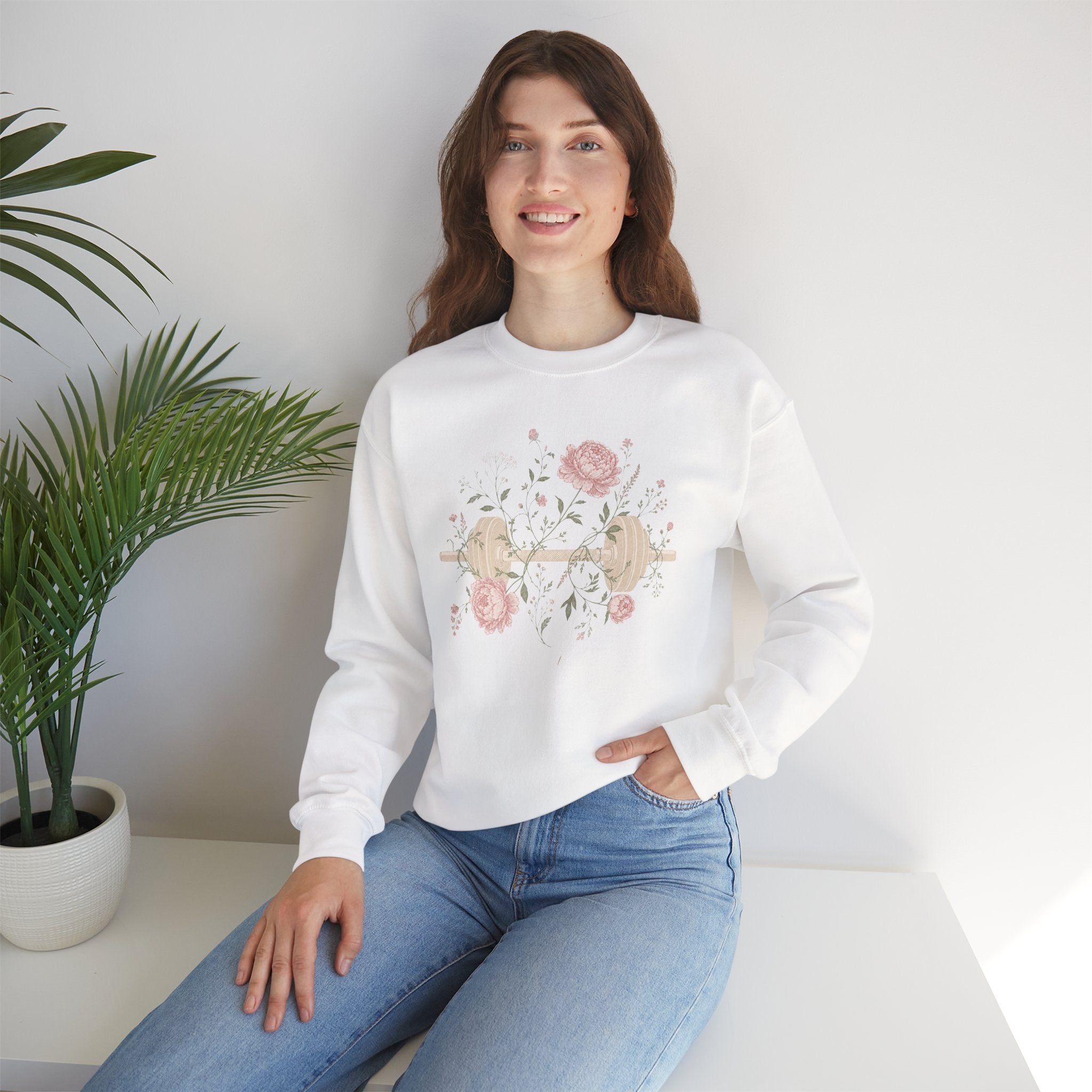 Dumbbell Floral Sweatshirt — Weightlifting Floral Crewneck for Fitness Lovers