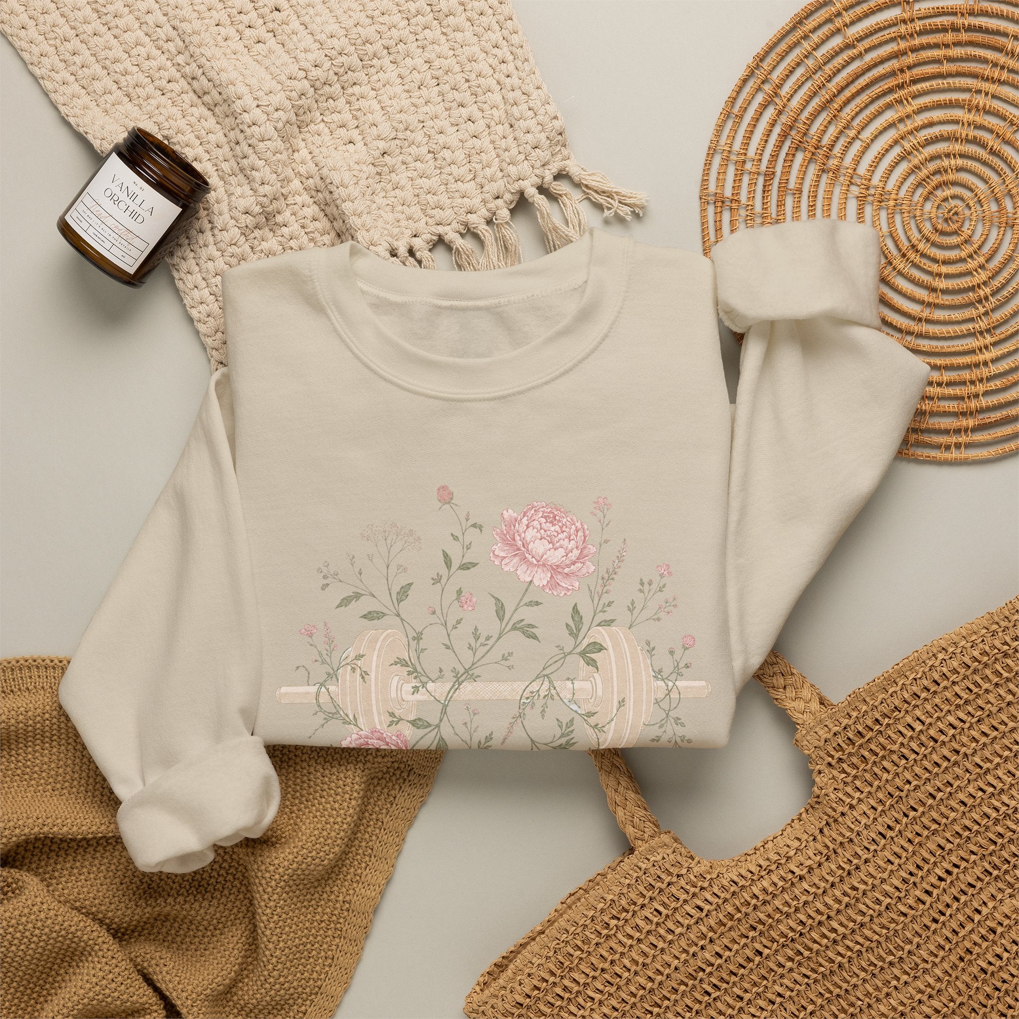 Dumbbell Floral Sweatshirt — Weightlifting Floral Crewneck for Fitness Lovers