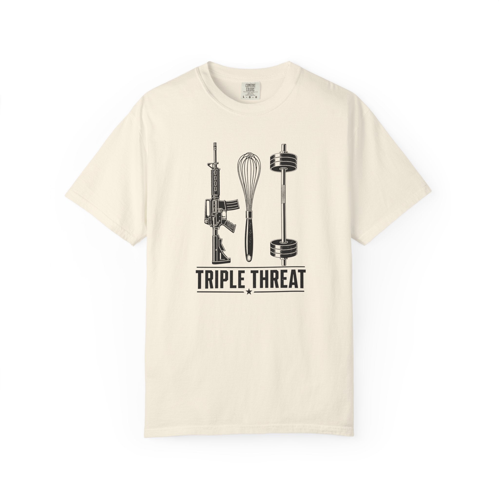 Triple Threat T-Shirt — Funny Chef, Weightlifting & Firearm Graphic Tee