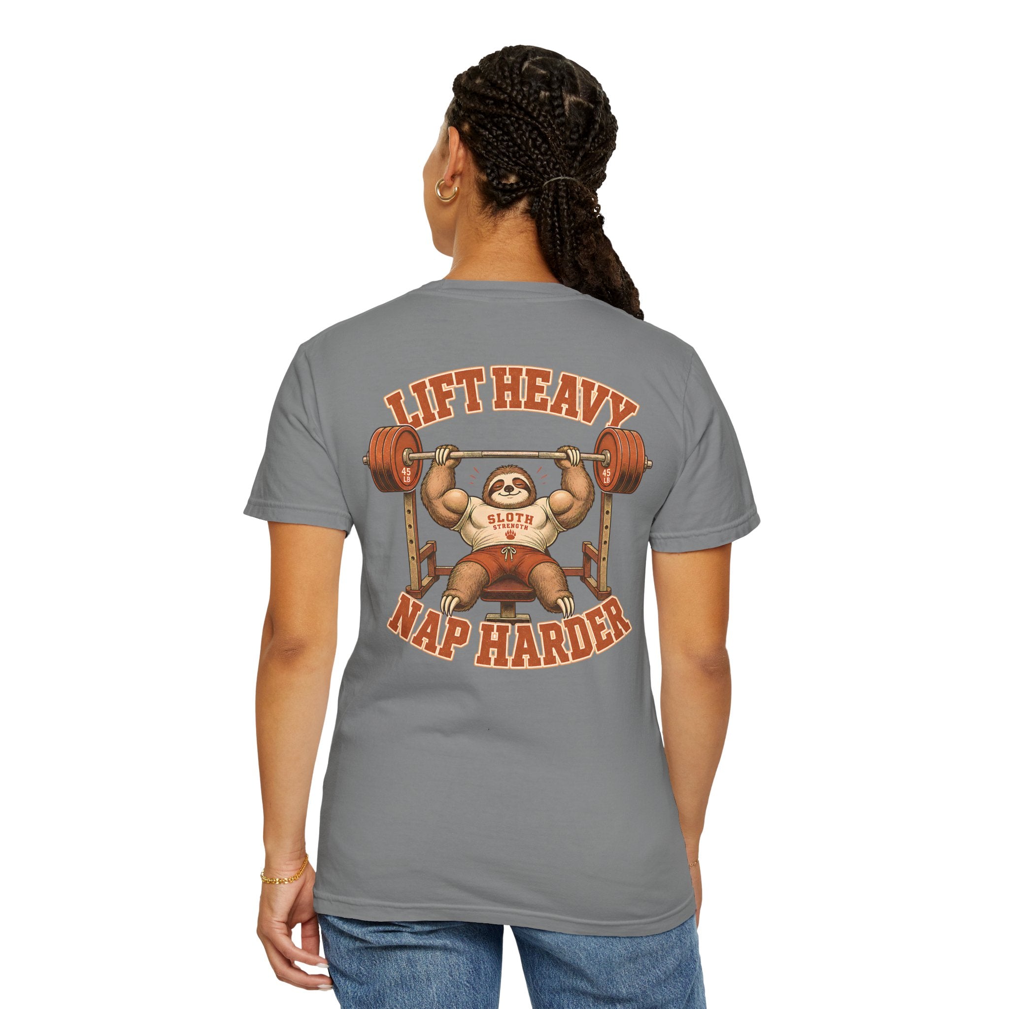 Sloth Weightlifting T-Shirt — "Lift Heavy Nap Harder" Funny Gym Tee