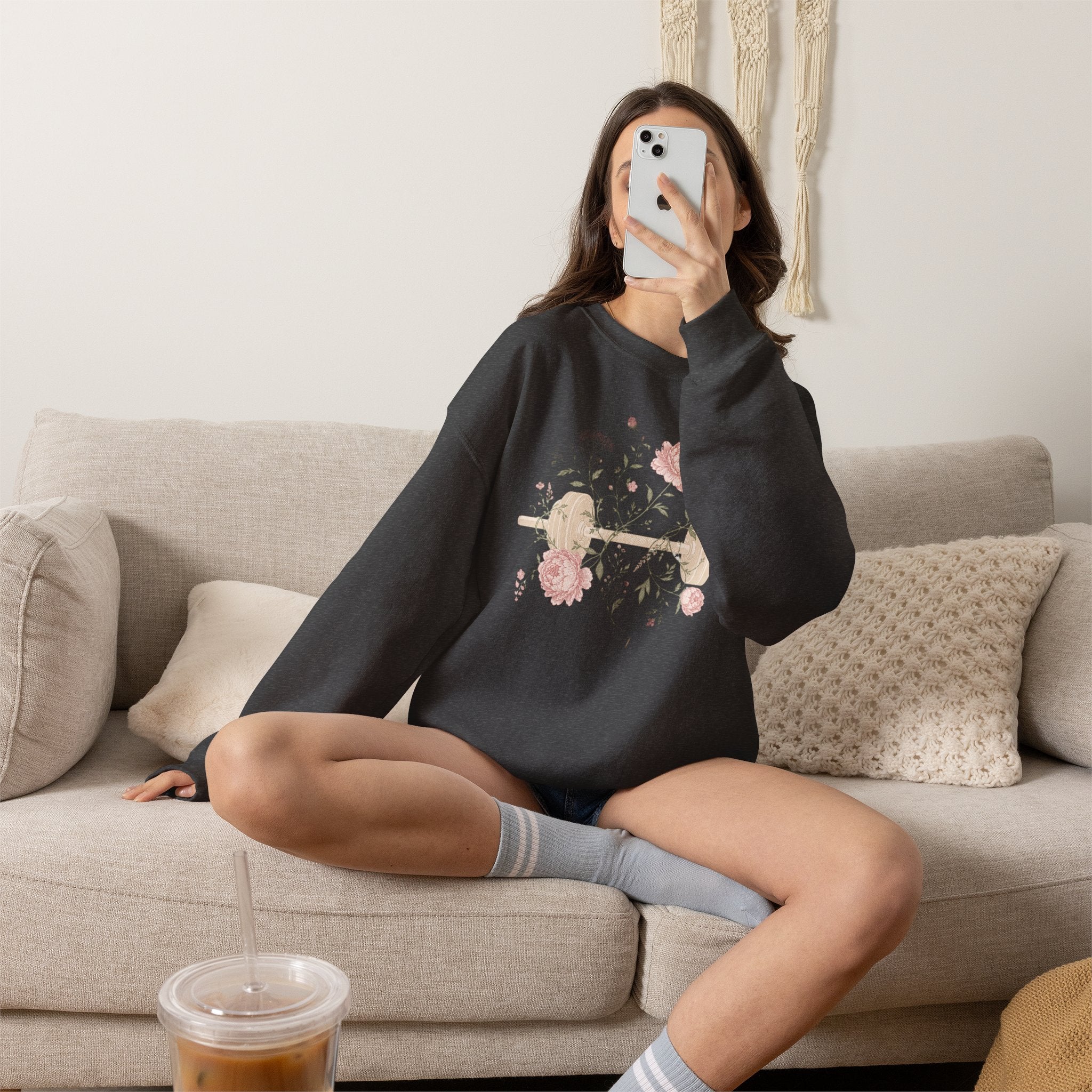 Dumbbell Floral Sweatshirt — Weightlifting Floral Crewneck for Fitness Lovers