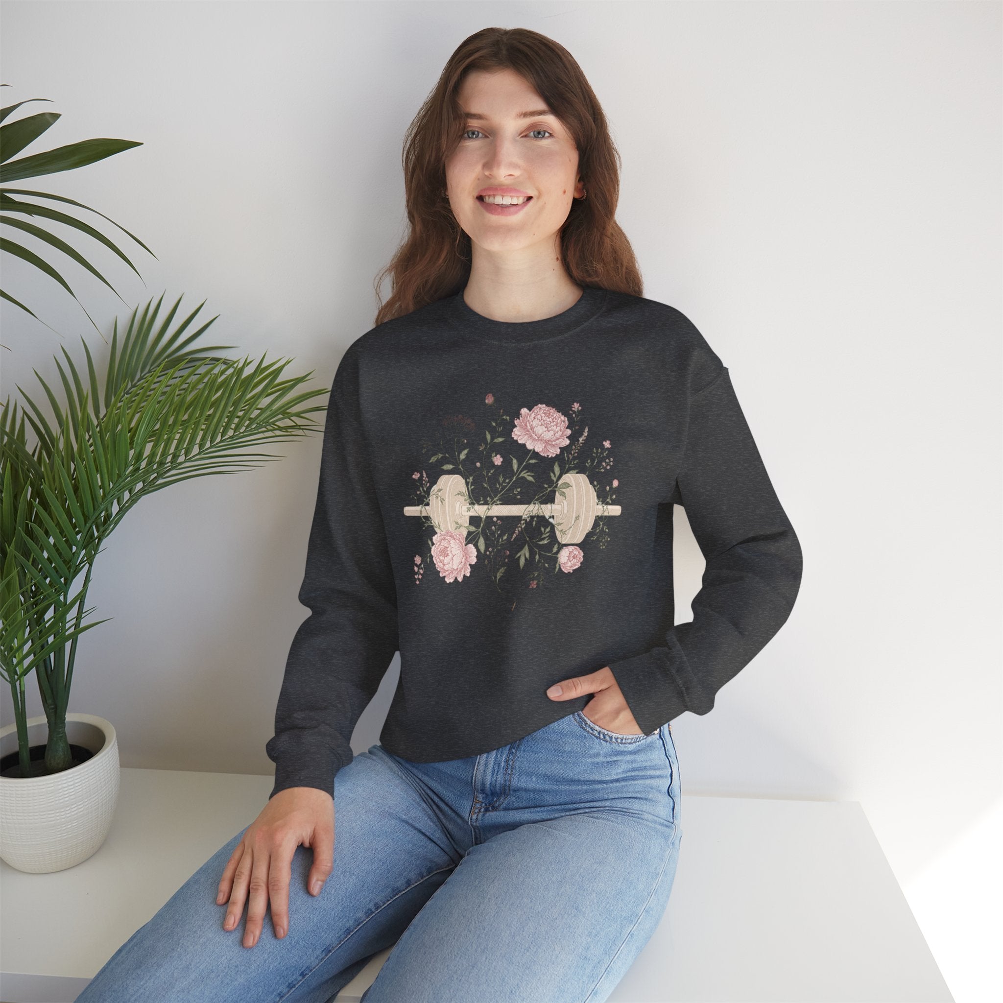 Dumbbell Floral Sweatshirt — Weightlifting Floral Crewneck for Fitness Lovers