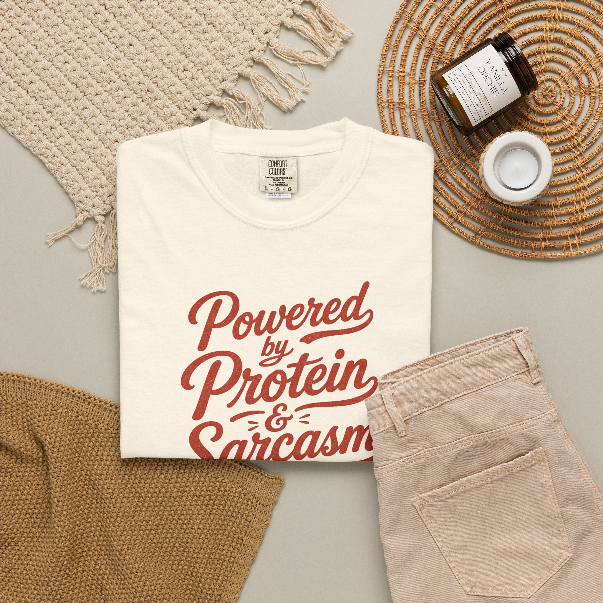 Protein & Sarcasm T-Shirt — 'Powered by Protein & Sarcasm' Graphic Tee