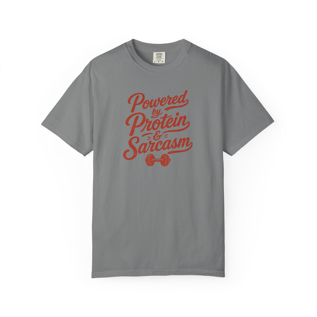 Protein & Sarcasm T-Shirt — 'Powered by Protein & Sarcasm' Graphic Tee