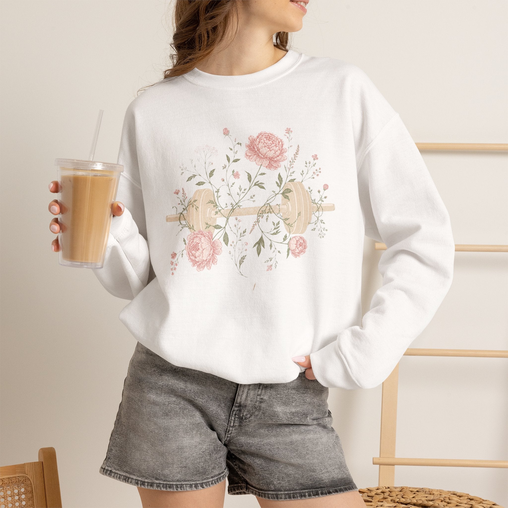 Dumbbell Floral Sweatshirt — Weightlifting Floral Crewneck for Fitness Lovers
