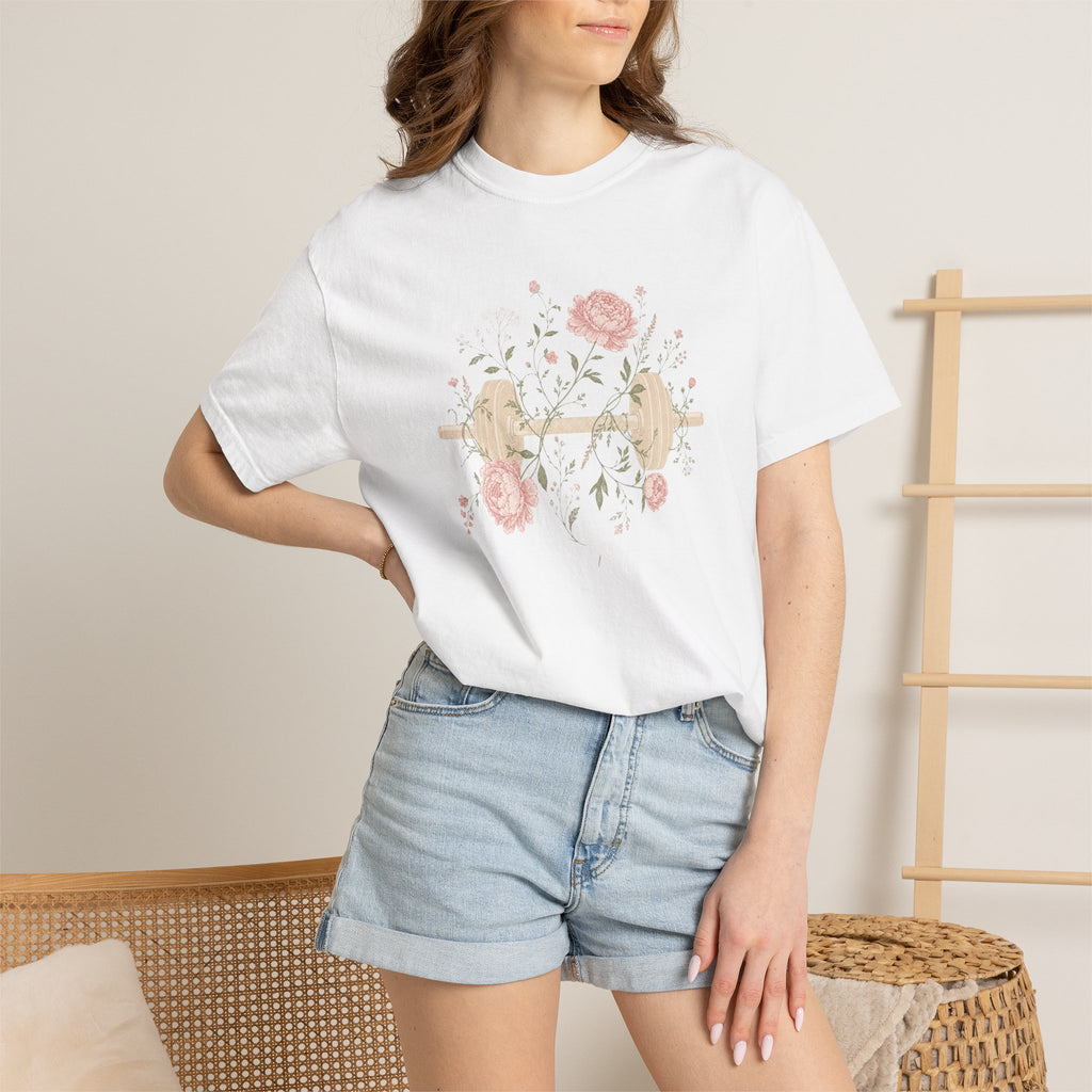 Floral Dumbbell T-Shirt — 'Lift & Bloom' Vintage Fitness Tee