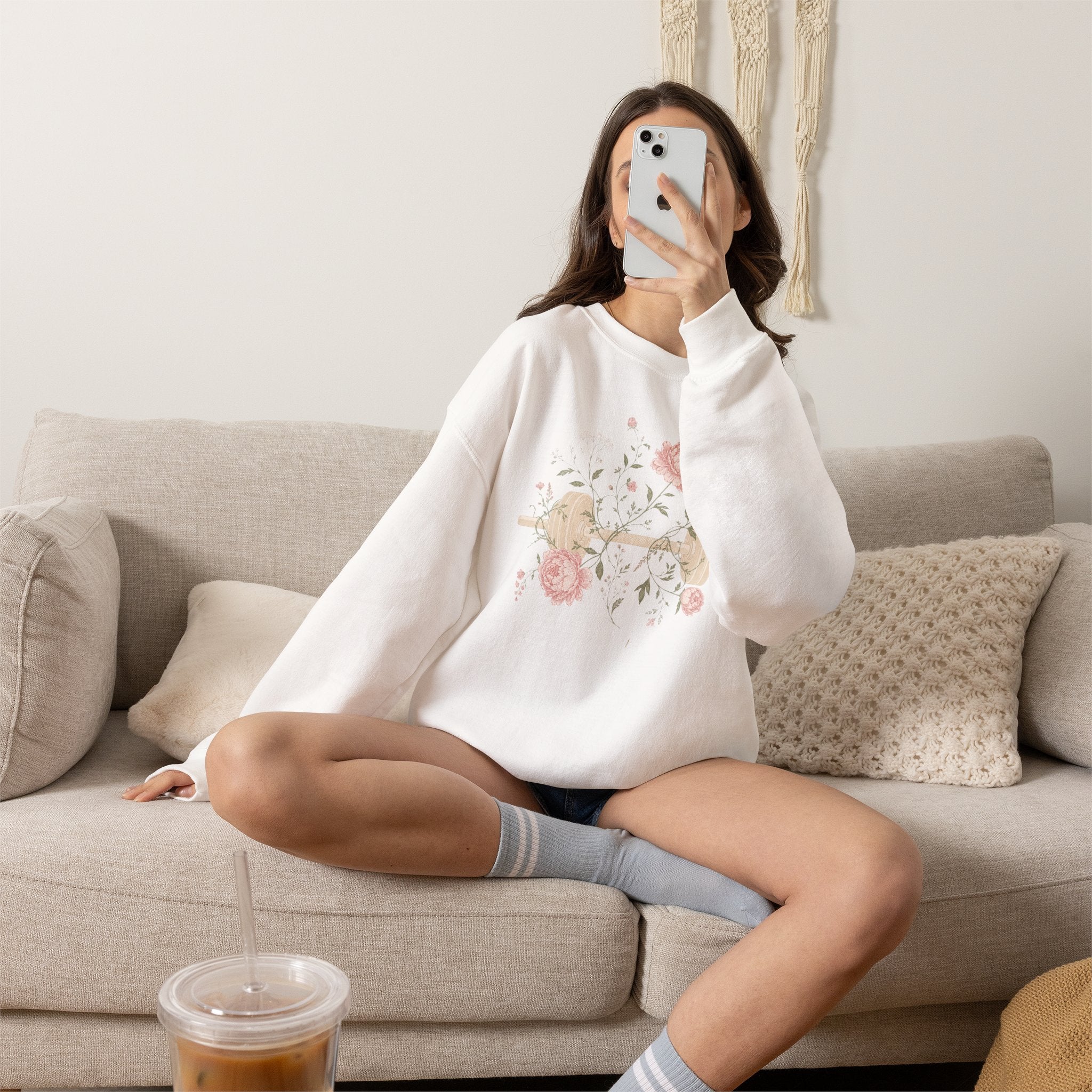 Dumbbell Floral Sweatshirt — Weightlifting Floral Crewneck for Fitness Lovers