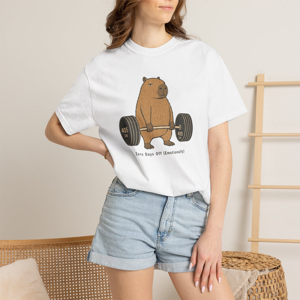 Bear Lifting Barbell T-Shirt — "Zero Days Off (Emotionally)" Gym Humor Tee