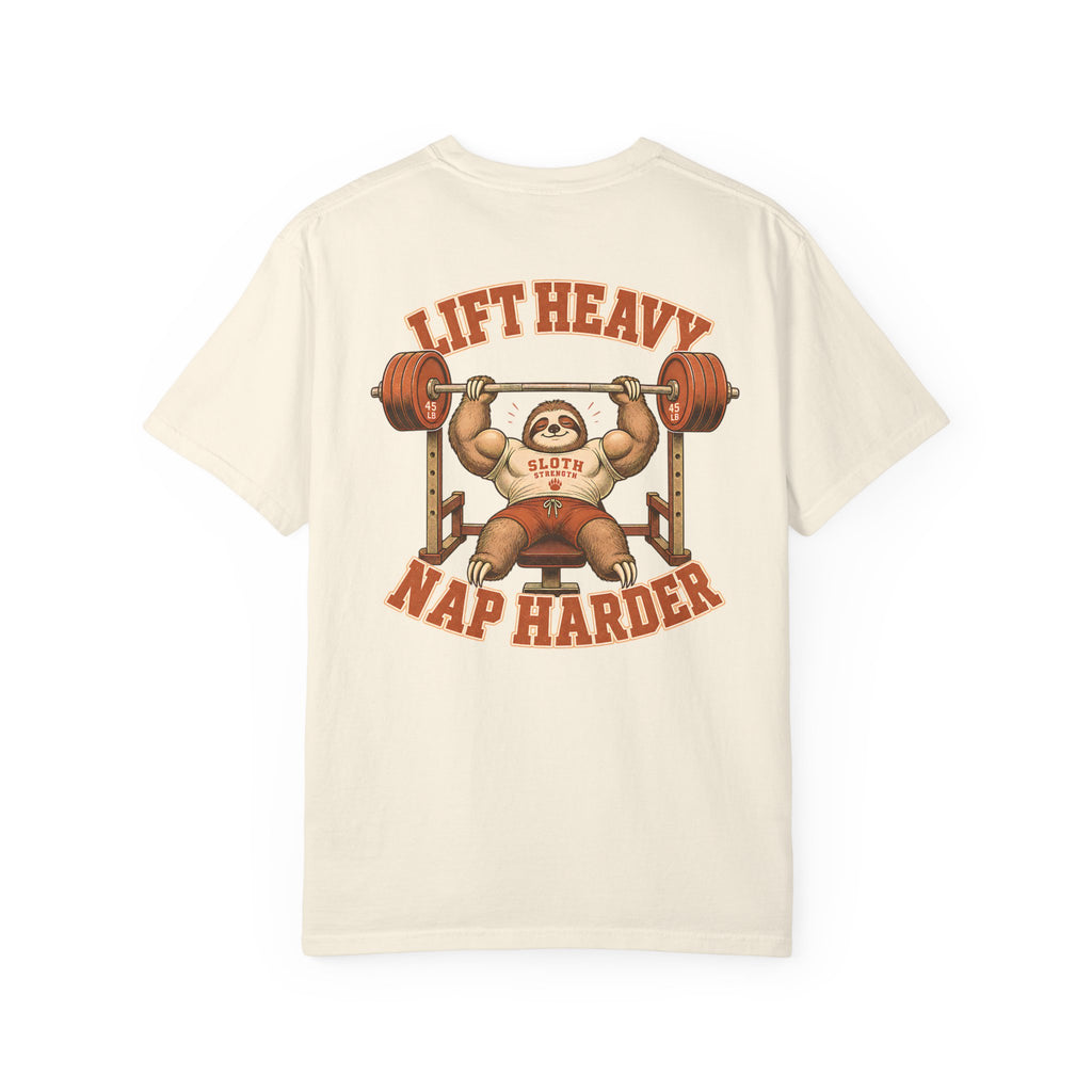 Sloth Weightlifting T-Shirt — "Lift Heavy Nap Harder" Funny Gym Tee