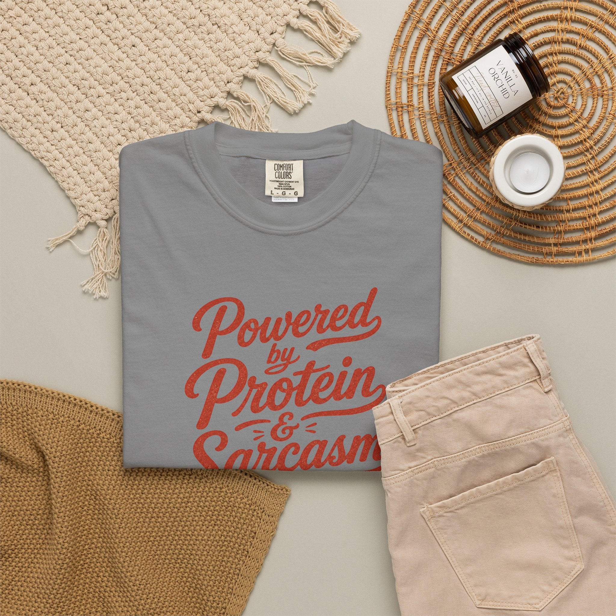 Protein & Sarcasm T-Shirt — 'Powered by Protein & Sarcasm' Graphic Tee