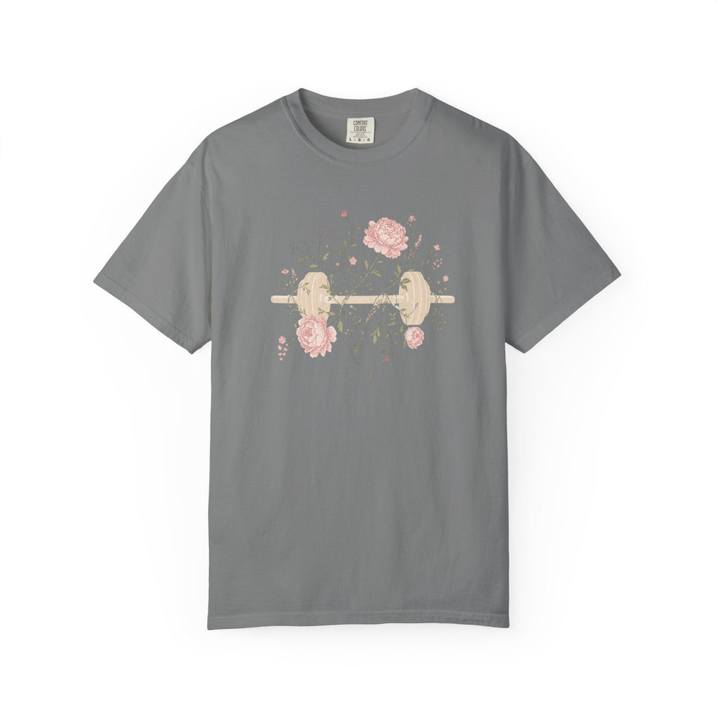 Floral Dumbbell T-Shirt — 'Lift & Bloom' Vintage Fitness Tee