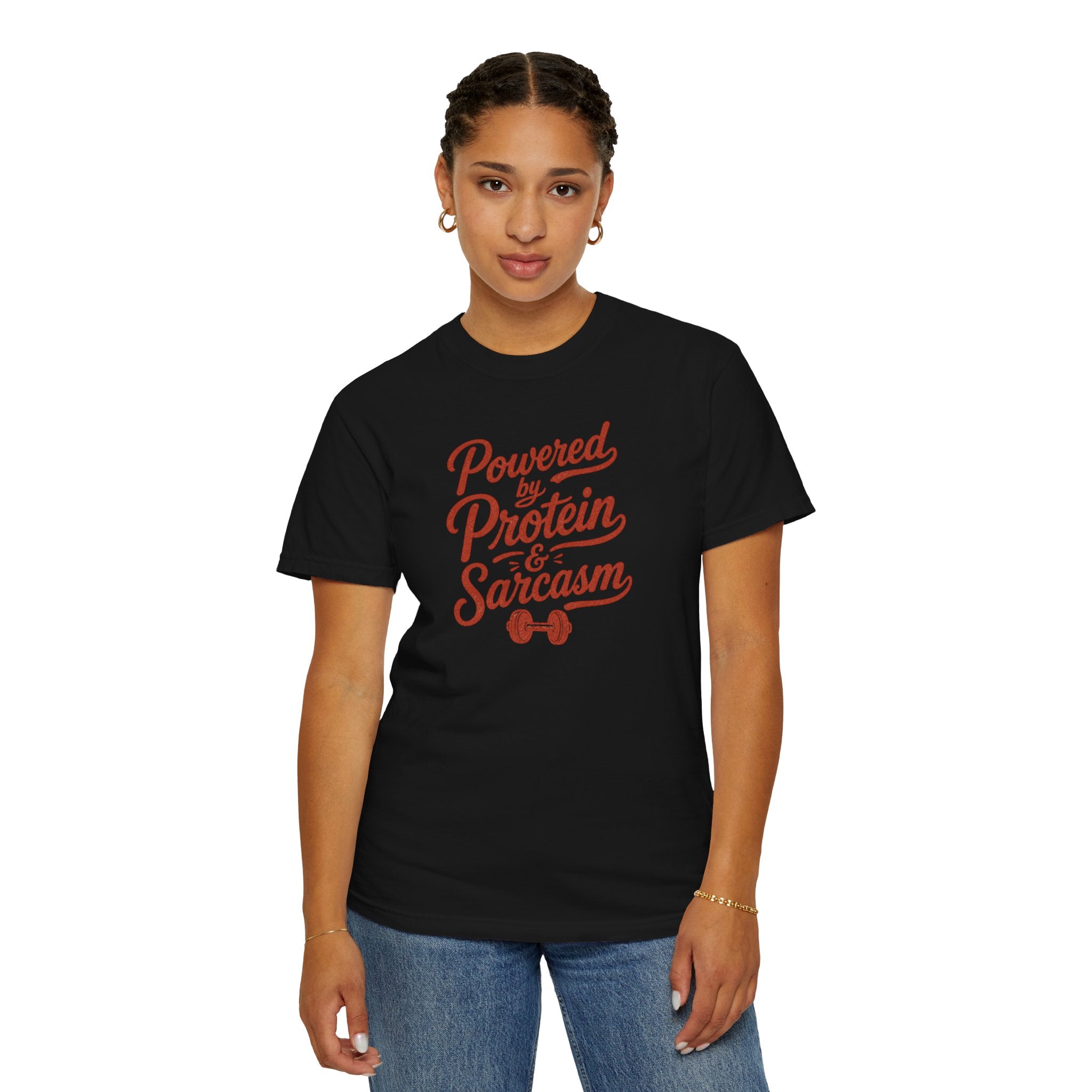 Protein & Sarcasm T-Shirt — 'Powered by Protein & Sarcasm' Graphic Tee