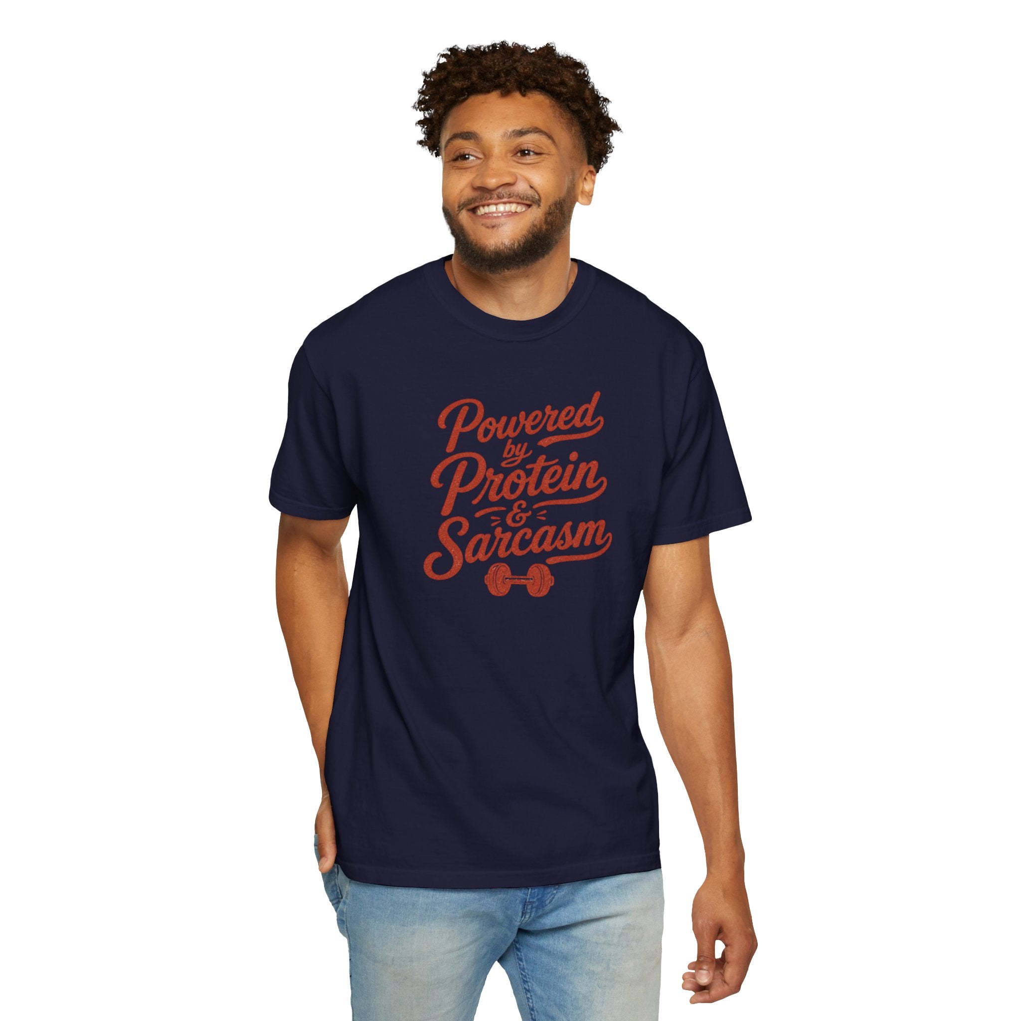 Protein & Sarcasm T-Shirt — 'Powered by Protein & Sarcasm' Graphic Tee