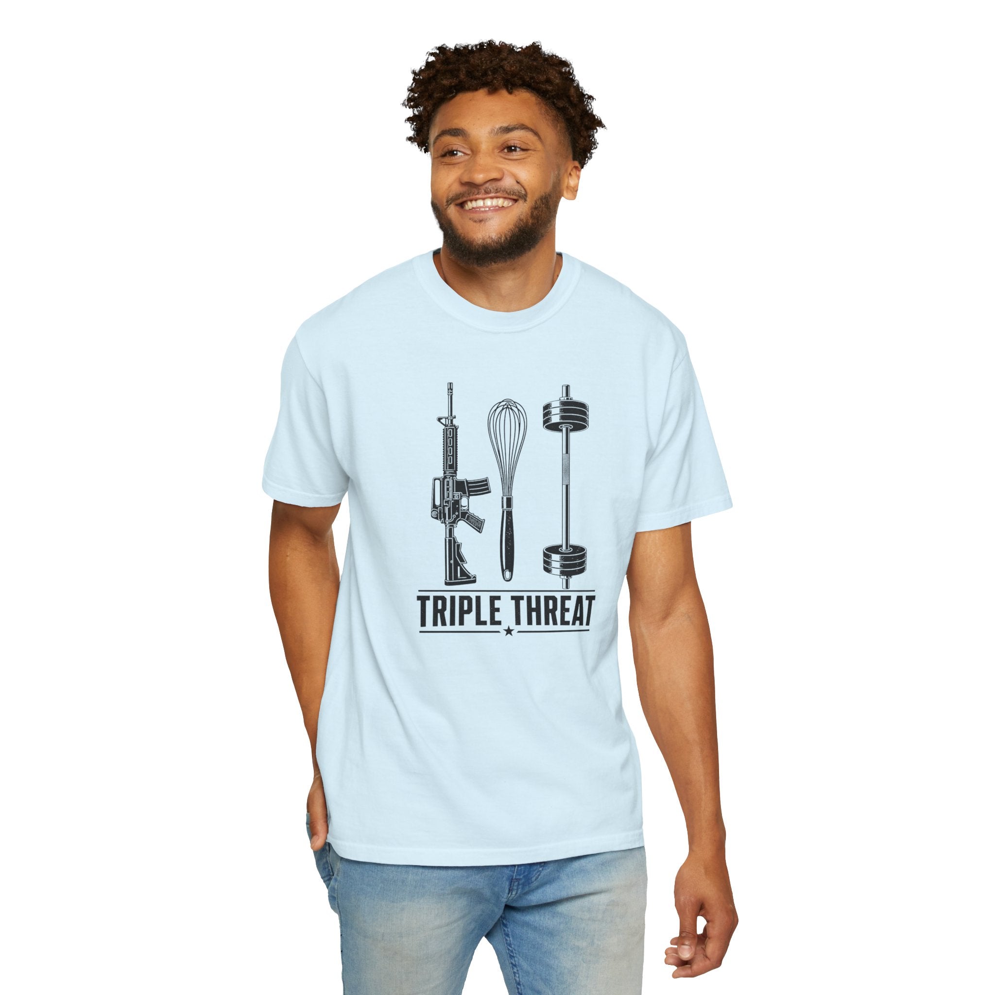 Triple Threat T-Shirt — Funny Chef, Weightlifting & Firearm Graphic Tee