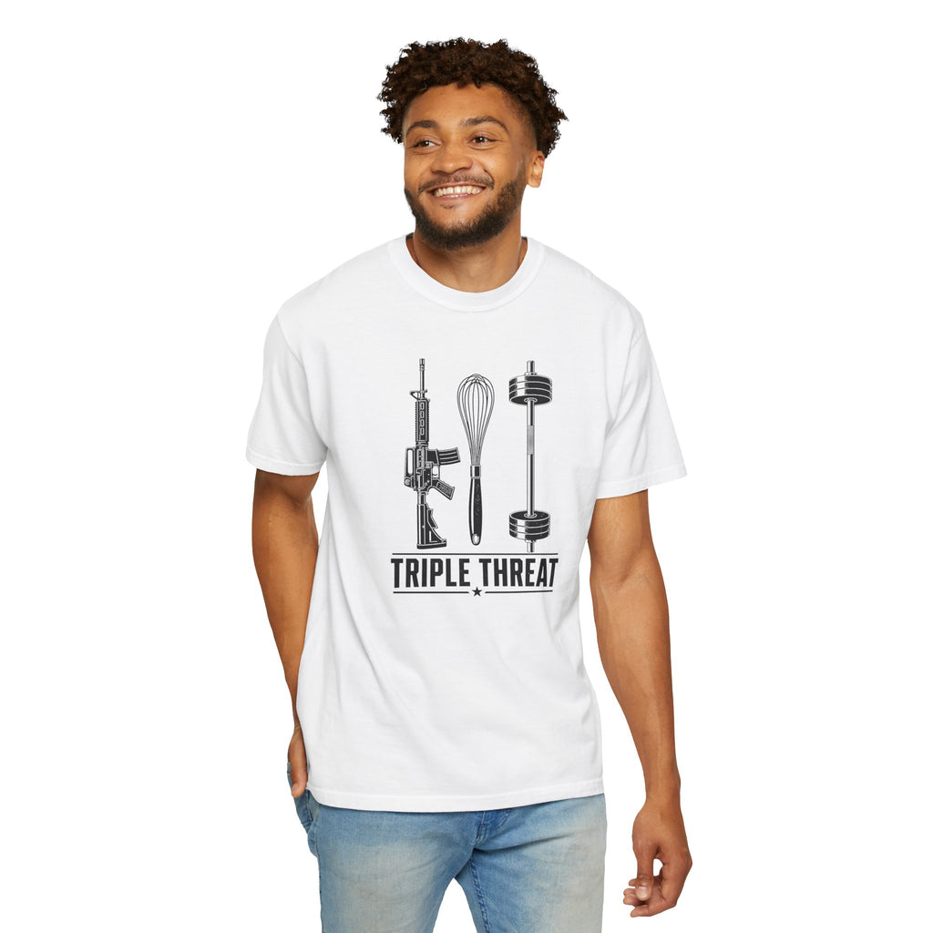 Triple Threat T-Shirt — Funny Chef, Weightlifting & Firearm Graphic Tee