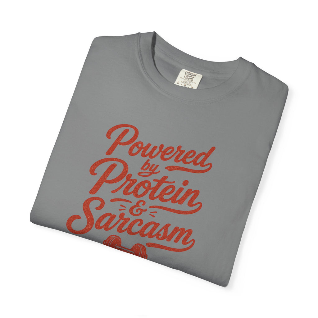Protein & Sarcasm T-Shirt — 'Powered by Protein & Sarcasm' Graphic Tee