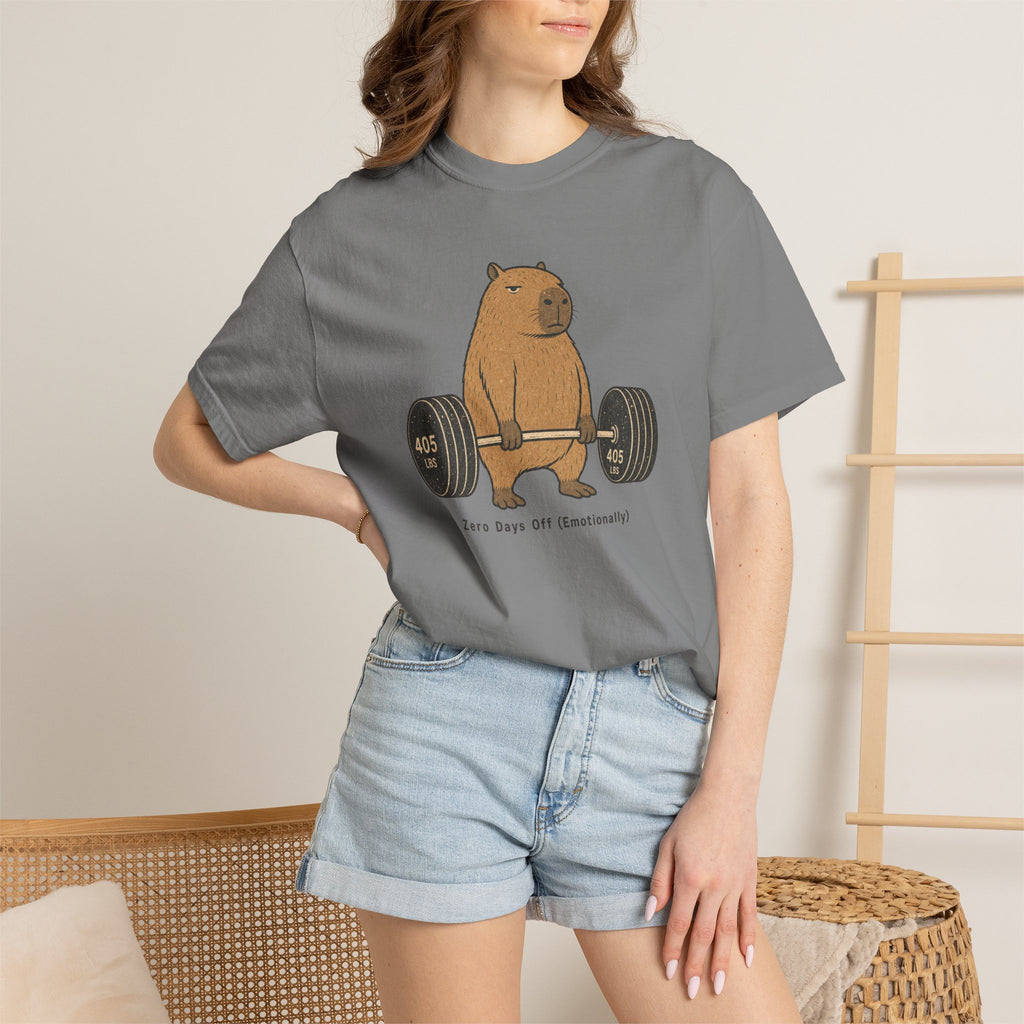 Bear Lifting Barbell T-Shirt — "Zero Days Off (Emotionally)" Gym Humor Tee