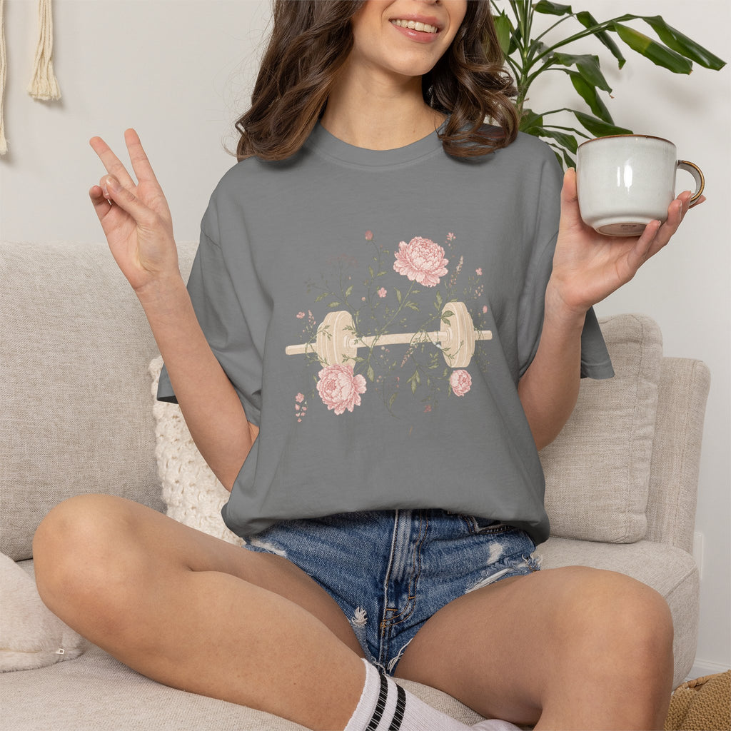 Floral Dumbbell T-Shirt — 'Lift & Bloom' Vintage Fitness Tee