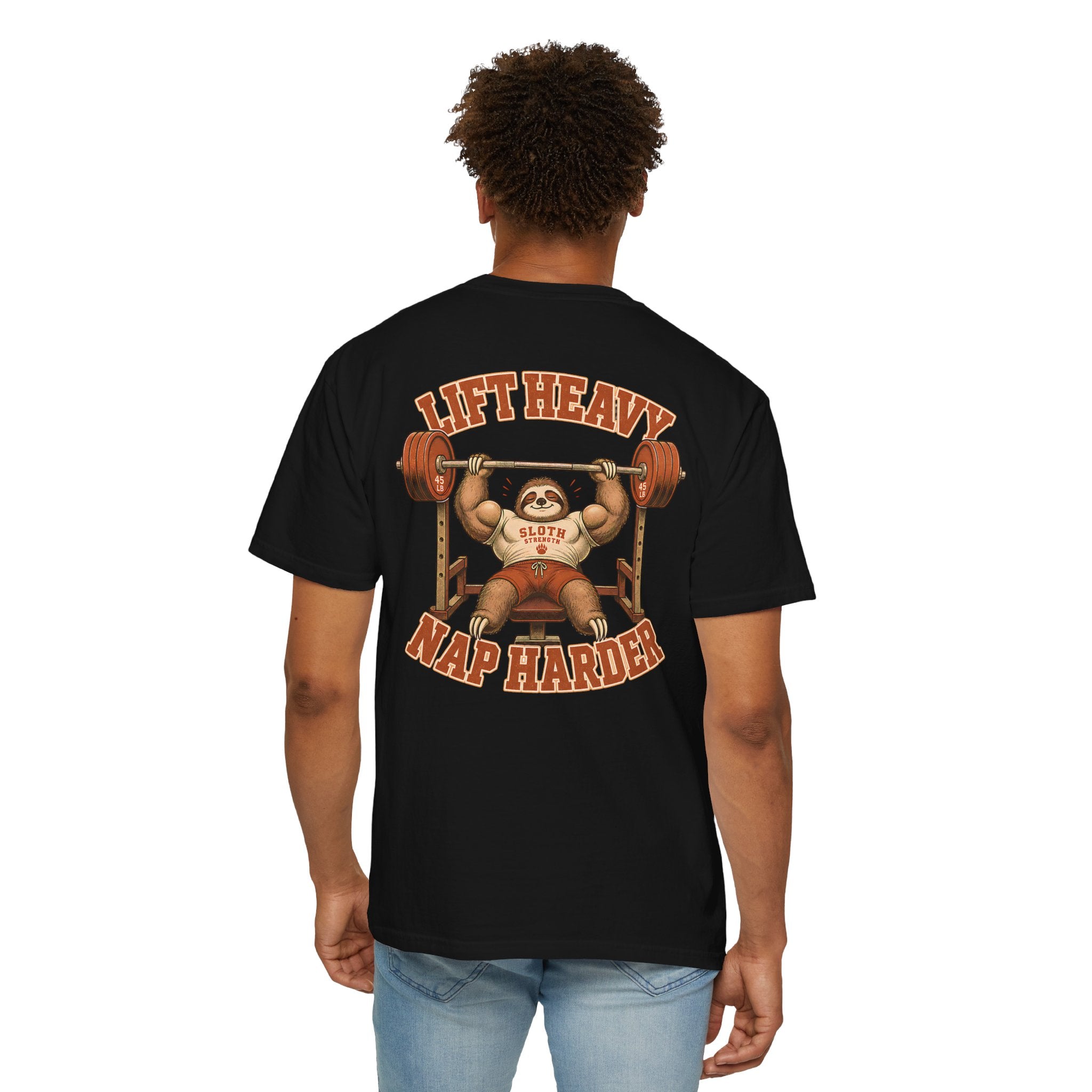 Sloth Weightlifting T-Shirt — "Lift Heavy Nap Harder" Funny Gym Tee
