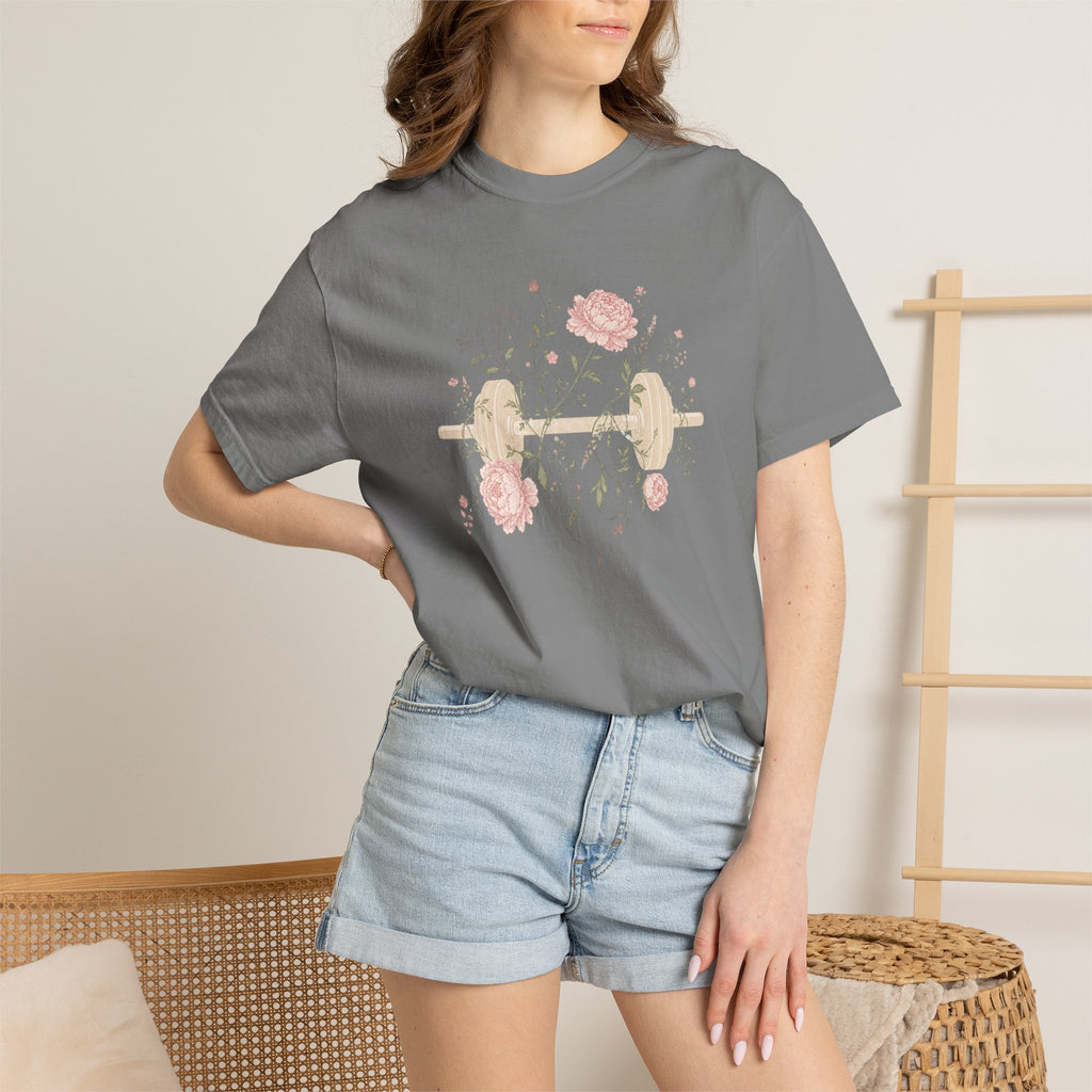 Floral Dumbbell T-Shirt — 'Lift & Bloom' Vintage Fitness Tee
