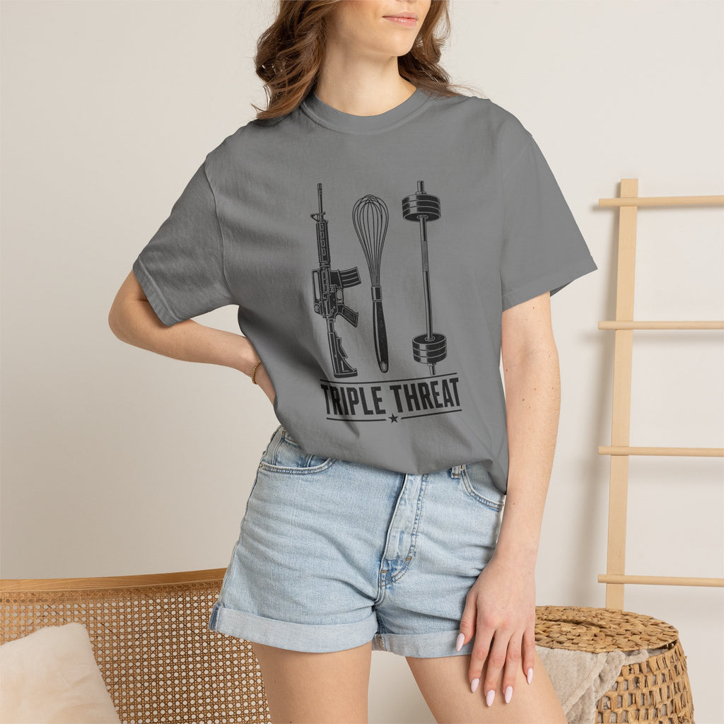 Triple Threat T-Shirt — Funny Chef, Weightlifting & Firearm Graphic Tee