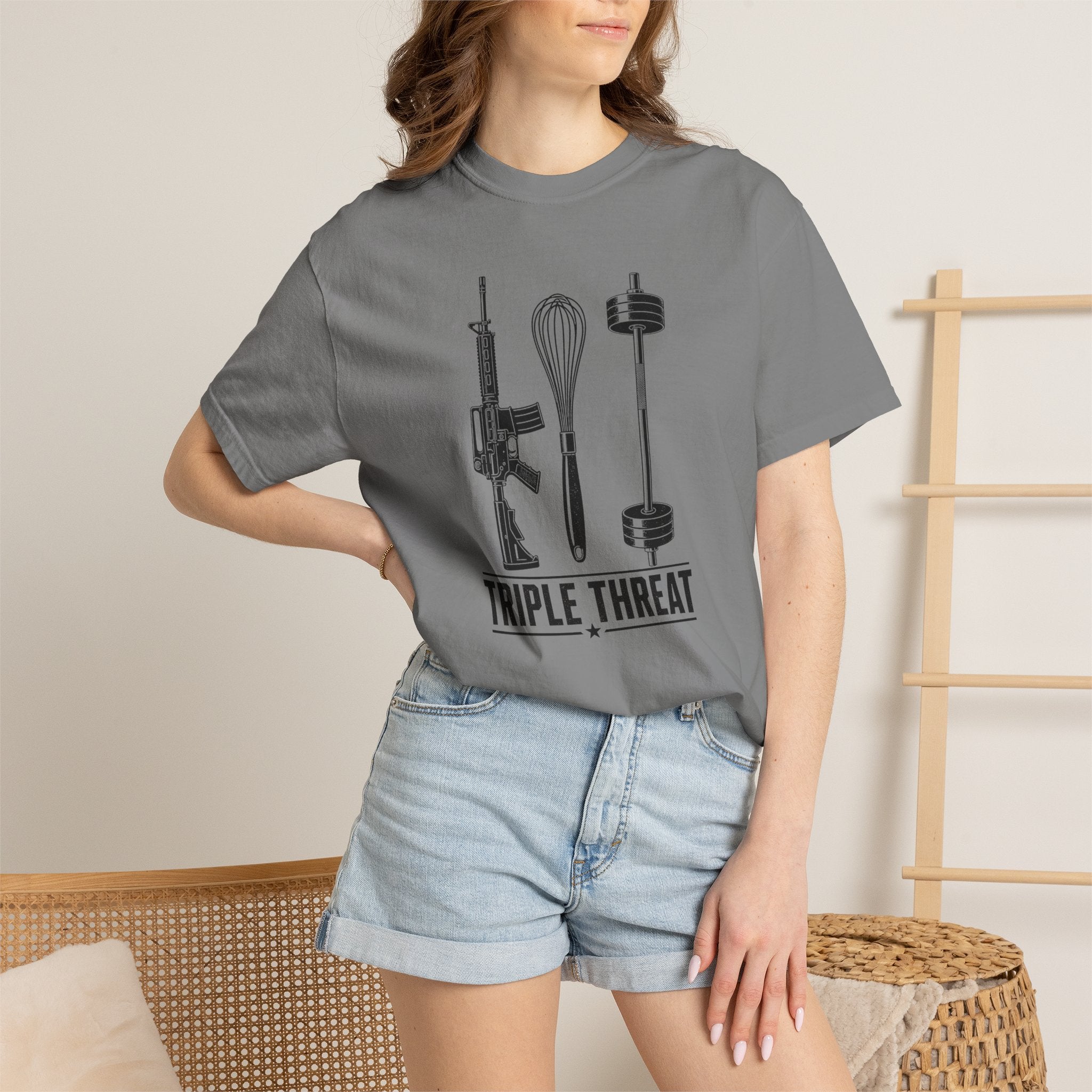 Triple Threat T-Shirt — Funny Chef, Weightlifting & Firearm Graphic Tee