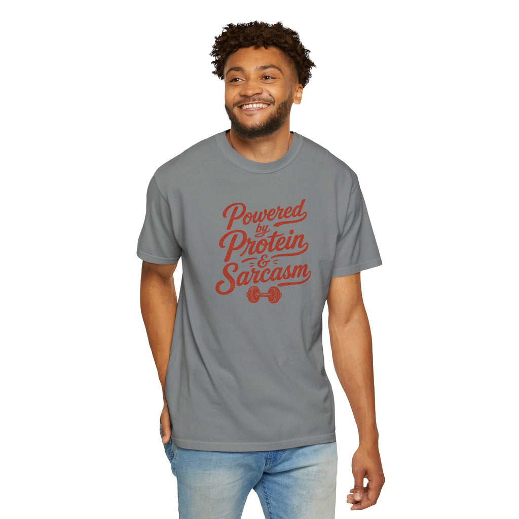 Protein & Sarcasm T-Shirt — 'Powered by Protein & Sarcasm' Graphic Tee