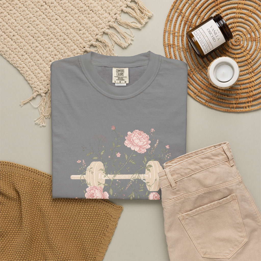Floral Dumbbell T-Shirt — 'Lift & Bloom' Vintage Fitness Tee
