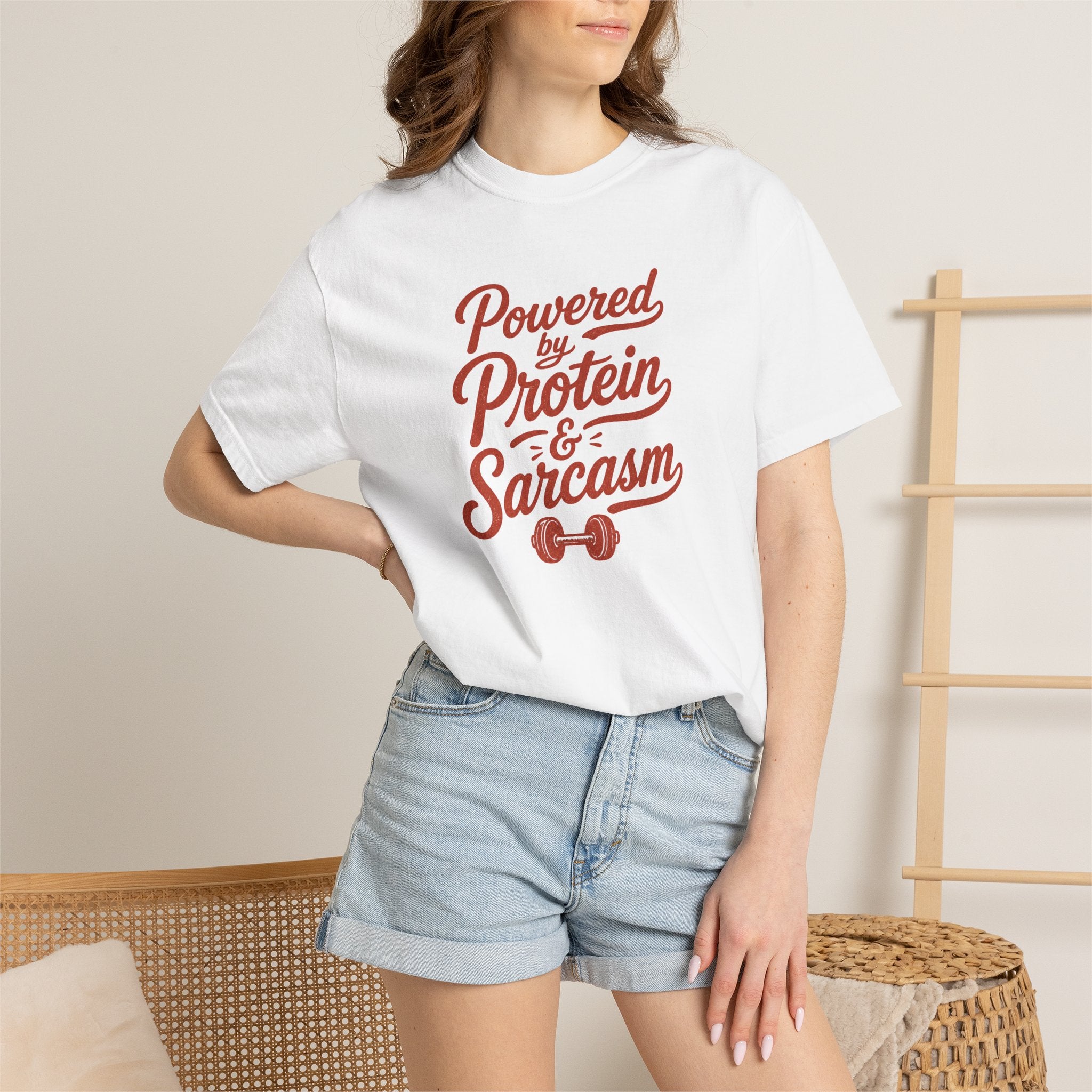 Protein & Sarcasm T-Shirt — 'Powered by Protein & Sarcasm' Graphic Tee