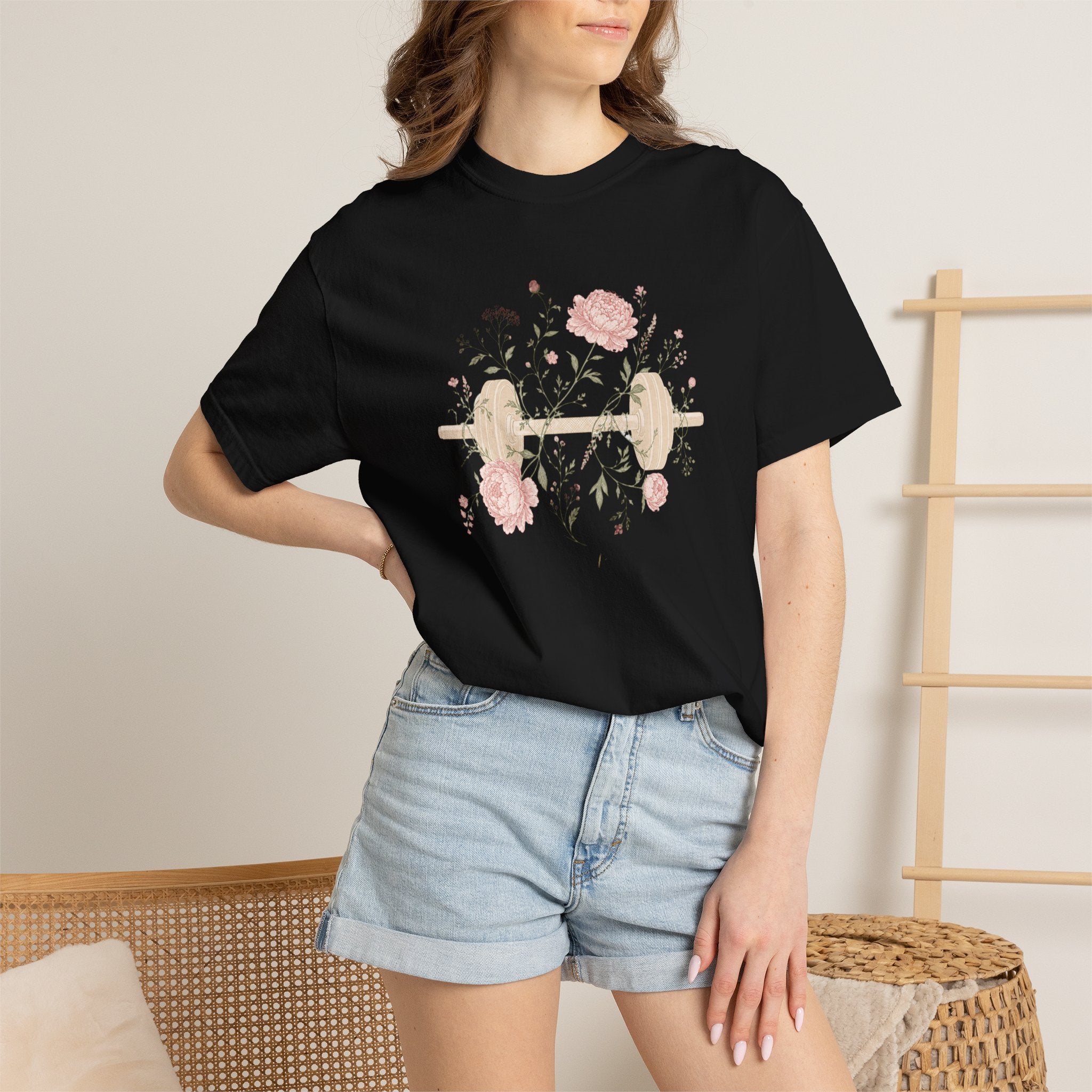 Floral Dumbbell T-Shirt — 'Lift & Bloom' Vintage Fitness Tee