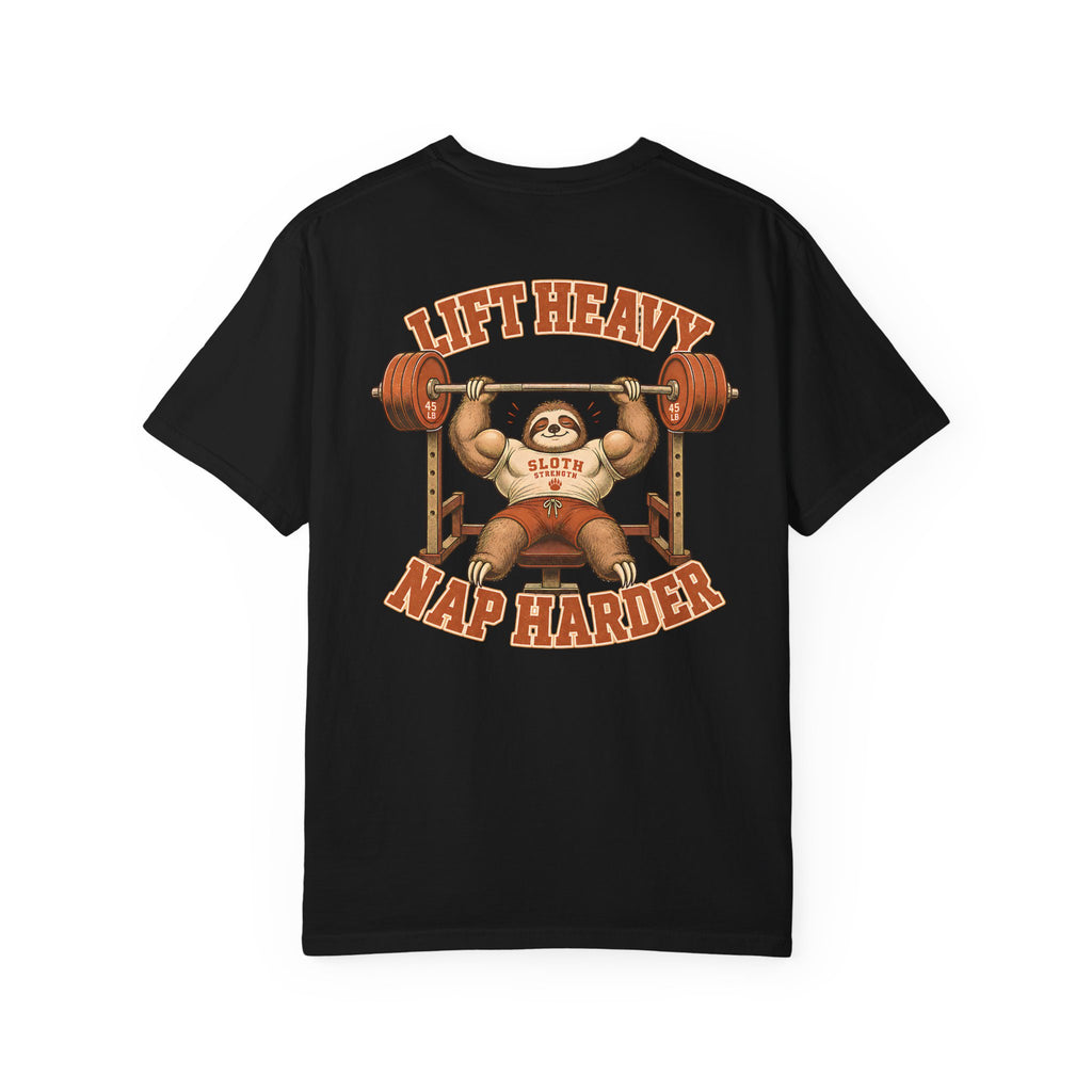 Sloth Weightlifting T-Shirt — "Lift Heavy Nap Harder" Funny Gym Tee