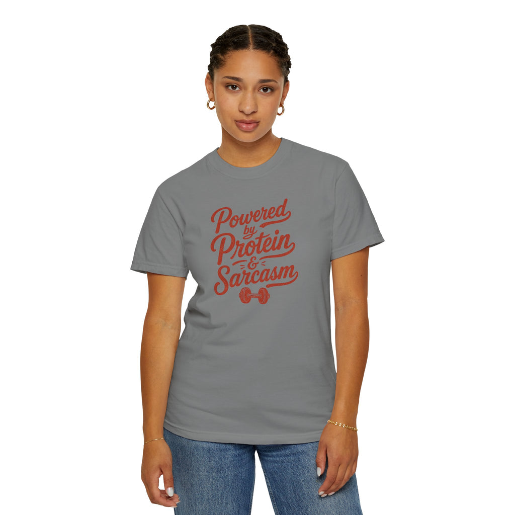 Protein & Sarcasm T-Shirt — 'Powered by Protein & Sarcasm' Graphic Tee