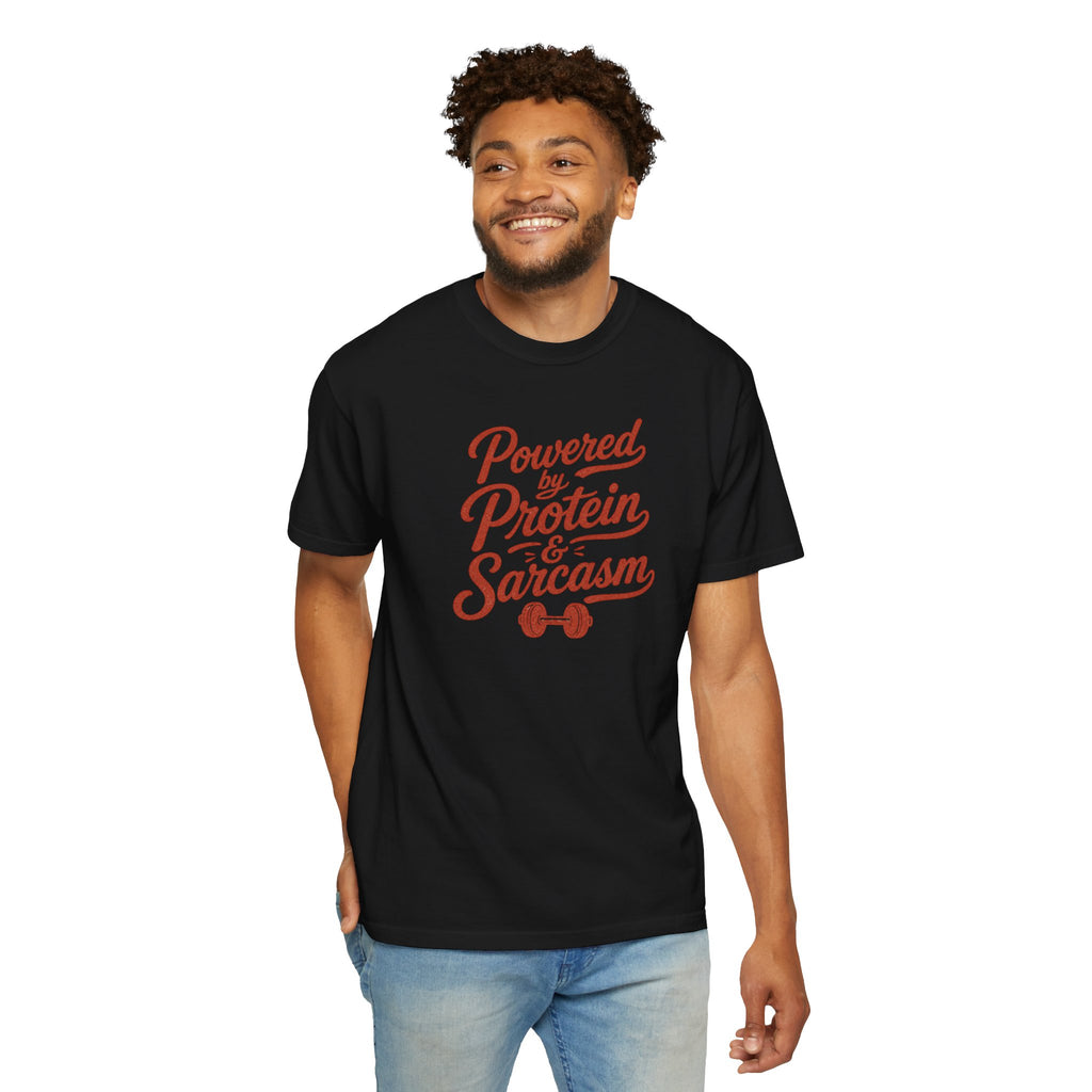 Protein & Sarcasm T-Shirt — 'Powered by Protein & Sarcasm' Graphic Tee
