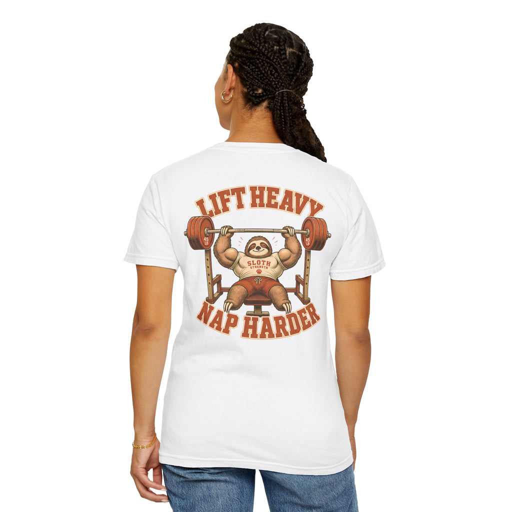 Sloth Weightlifting T-Shirt — "Lift Heavy Nap Harder" Funny Gym Tee