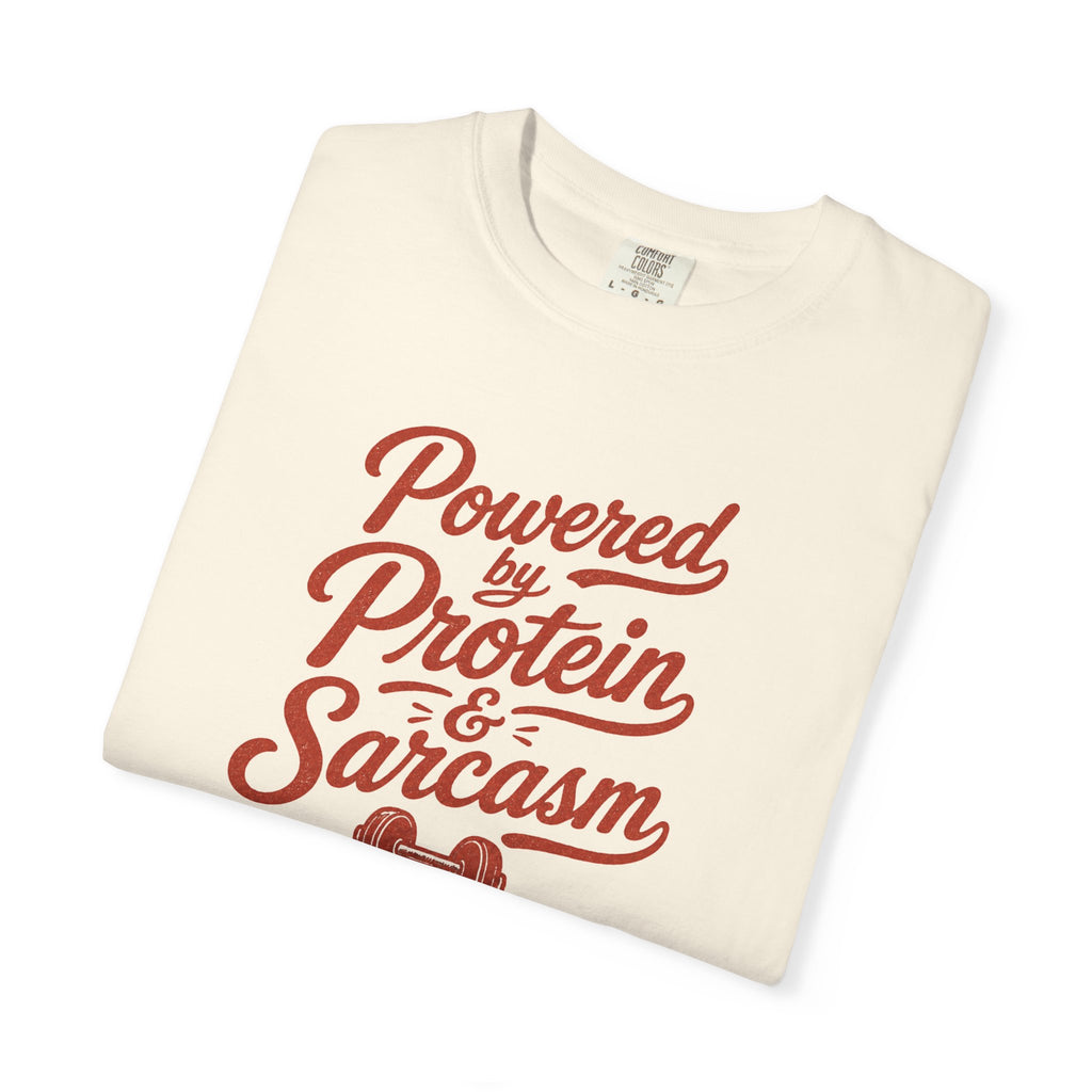Protein & Sarcasm T-Shirt — 'Powered by Protein & Sarcasm' Graphic Tee