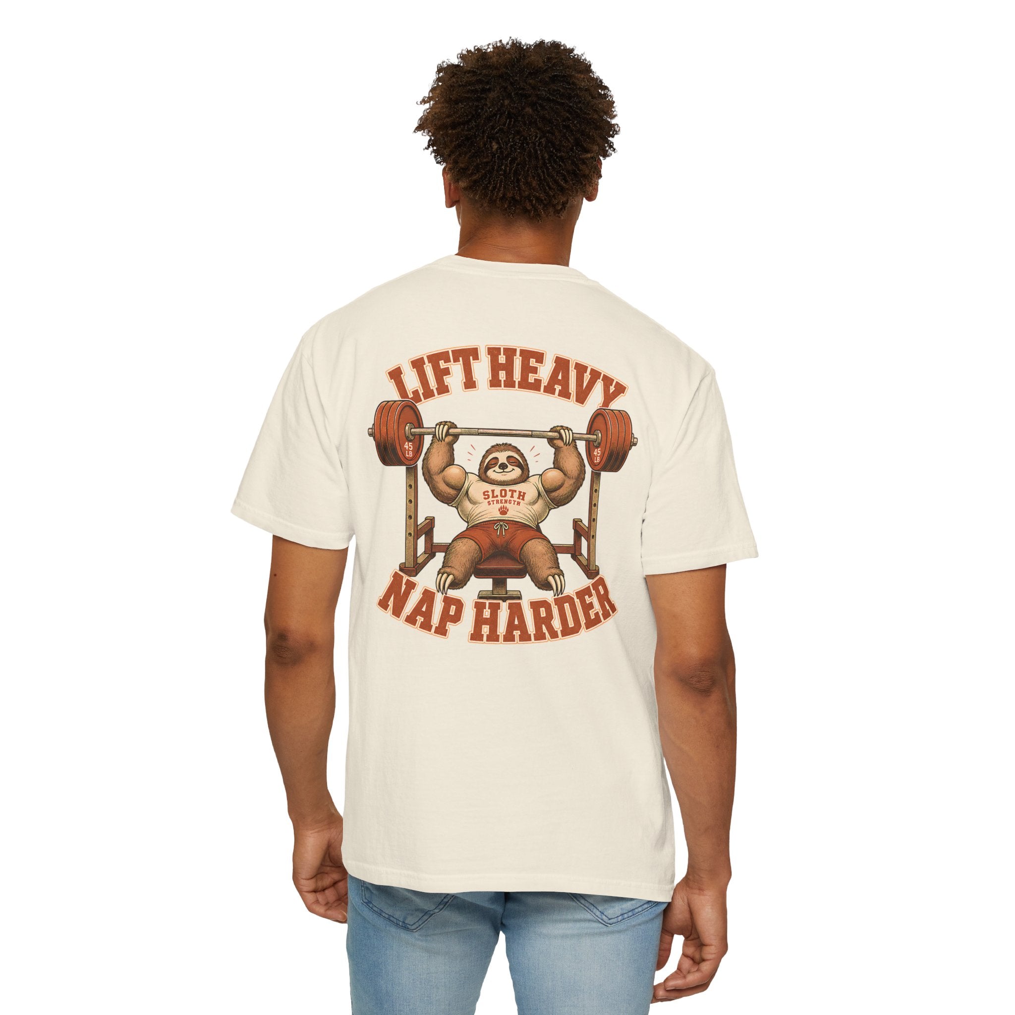 Sloth Weightlifting T-Shirt — "Lift Heavy Nap Harder" Funny Gym Tee