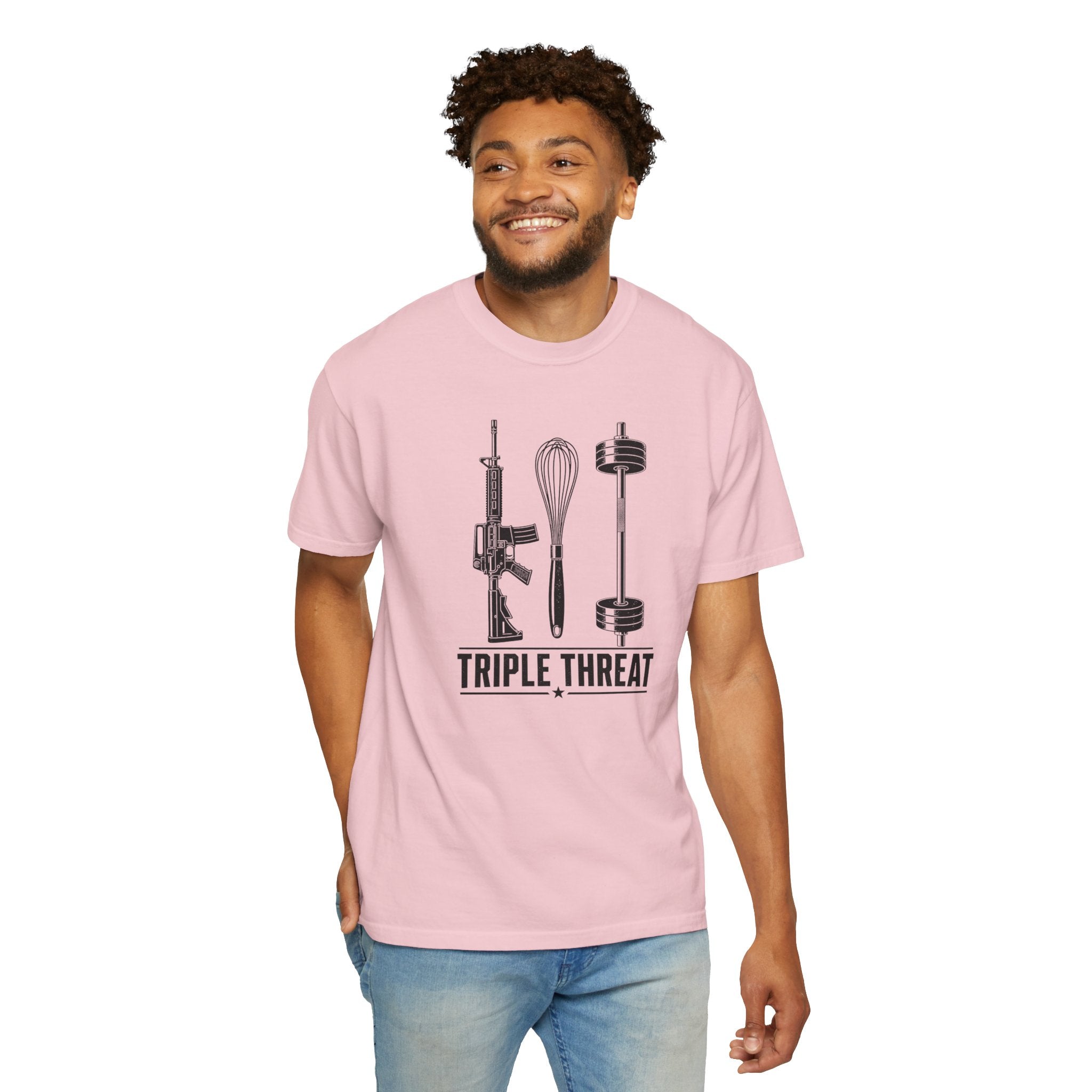 Triple Threat T-Shirt — Funny Chef, Weightlifting & Firearm Graphic Tee