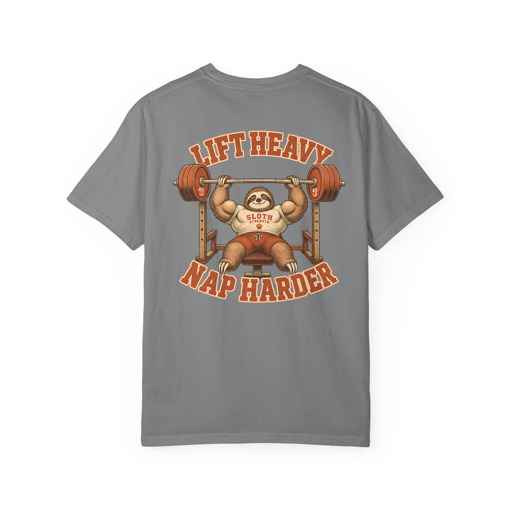 Sloth Weightlifting T-Shirt — "Lift Heavy Nap Harder" Funny Gym Tee