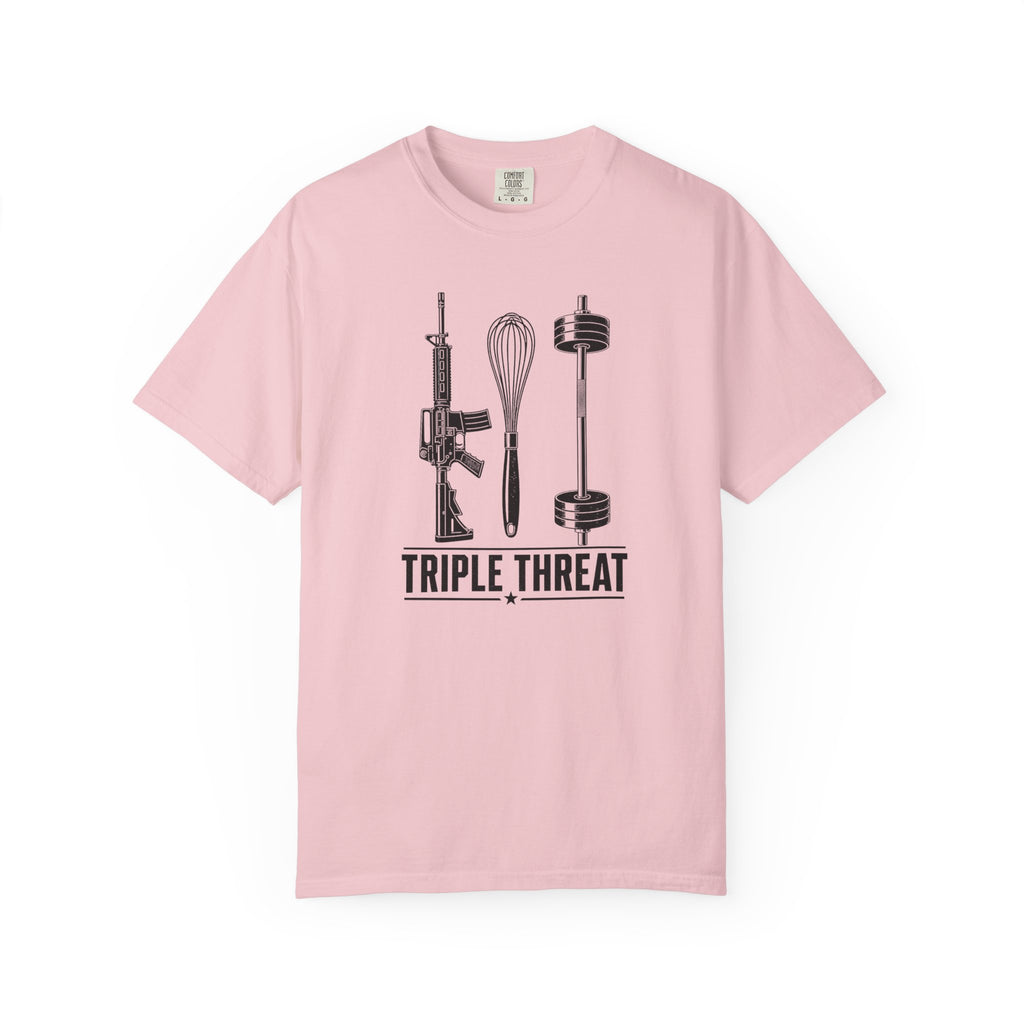Triple Threat T-Shirt — Funny Chef, Weightlifting & Firearm Graphic Tee
