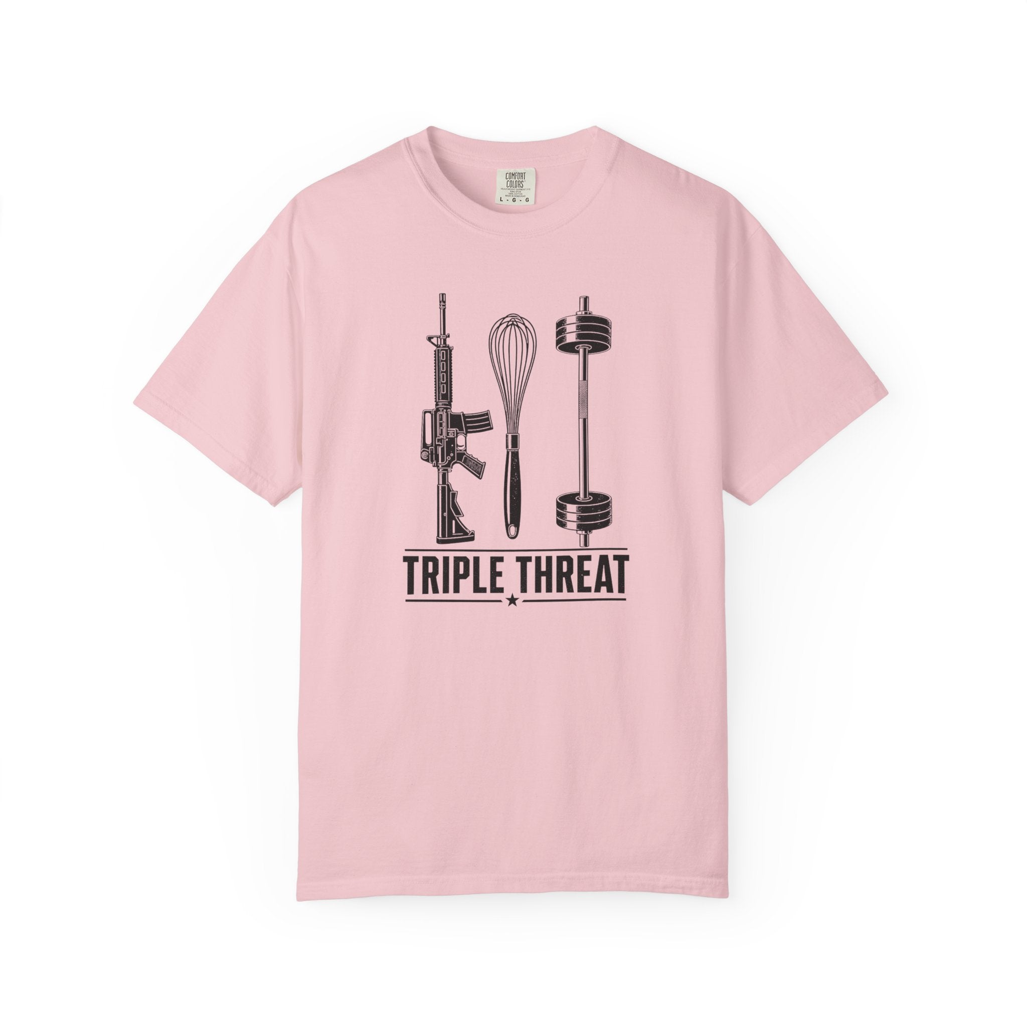Triple Threat T-Shirt — Funny Chef, Weightlifting & Firearm Graphic Tee