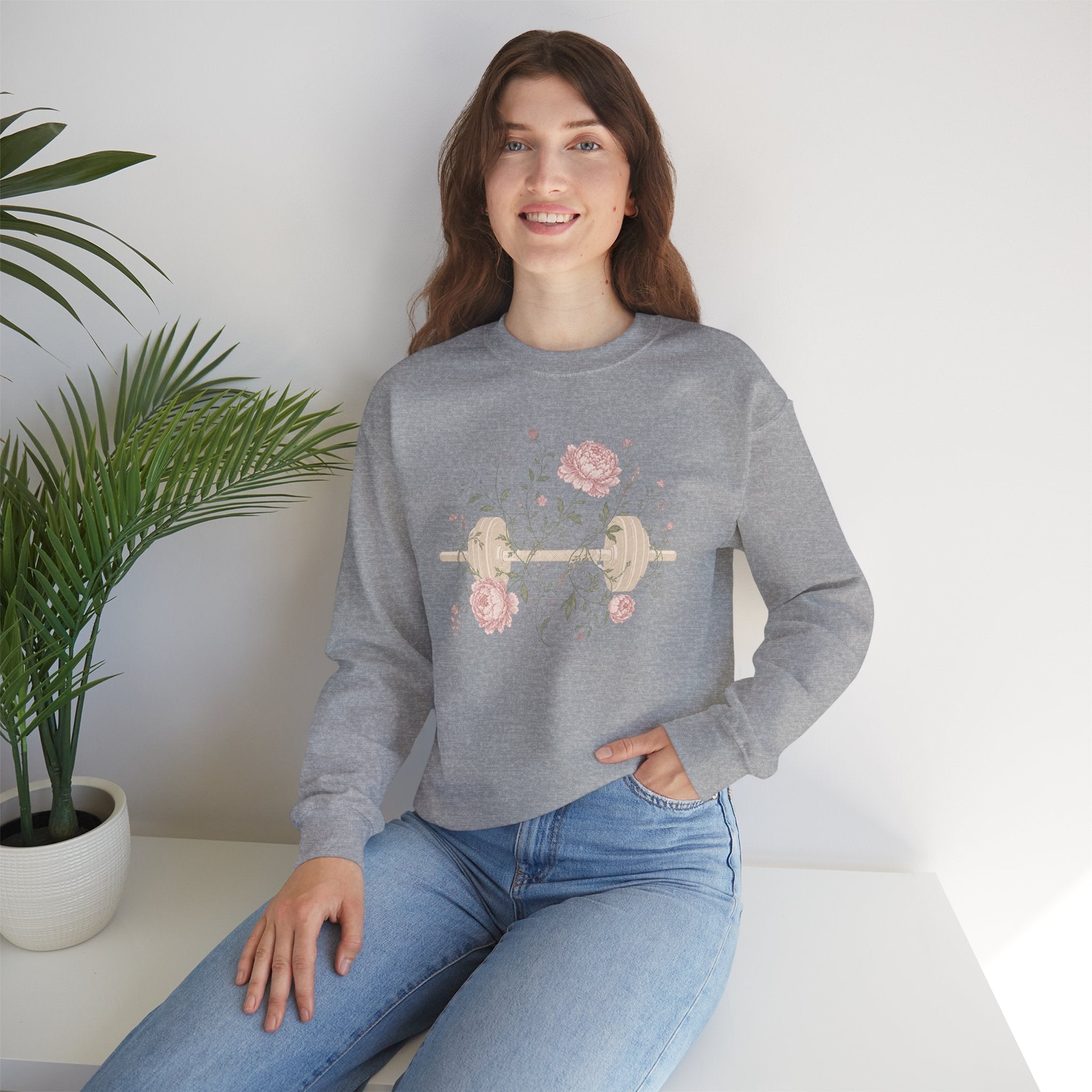 Dumbbell Floral Sweatshirt — Weightlifting Floral Crewneck for Fitness Lovers