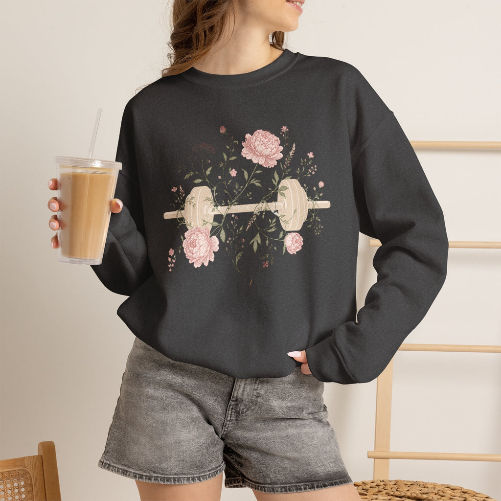 Dumbbell Floral Sweatshirt — Weightlifting Floral Crewneck for Fitness Lovers