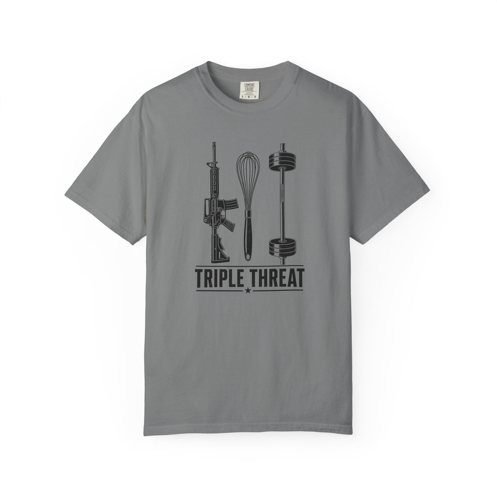 Triple Threat T-Shirt — Funny Chef, Weightlifting & Firearm Graphic Tee
