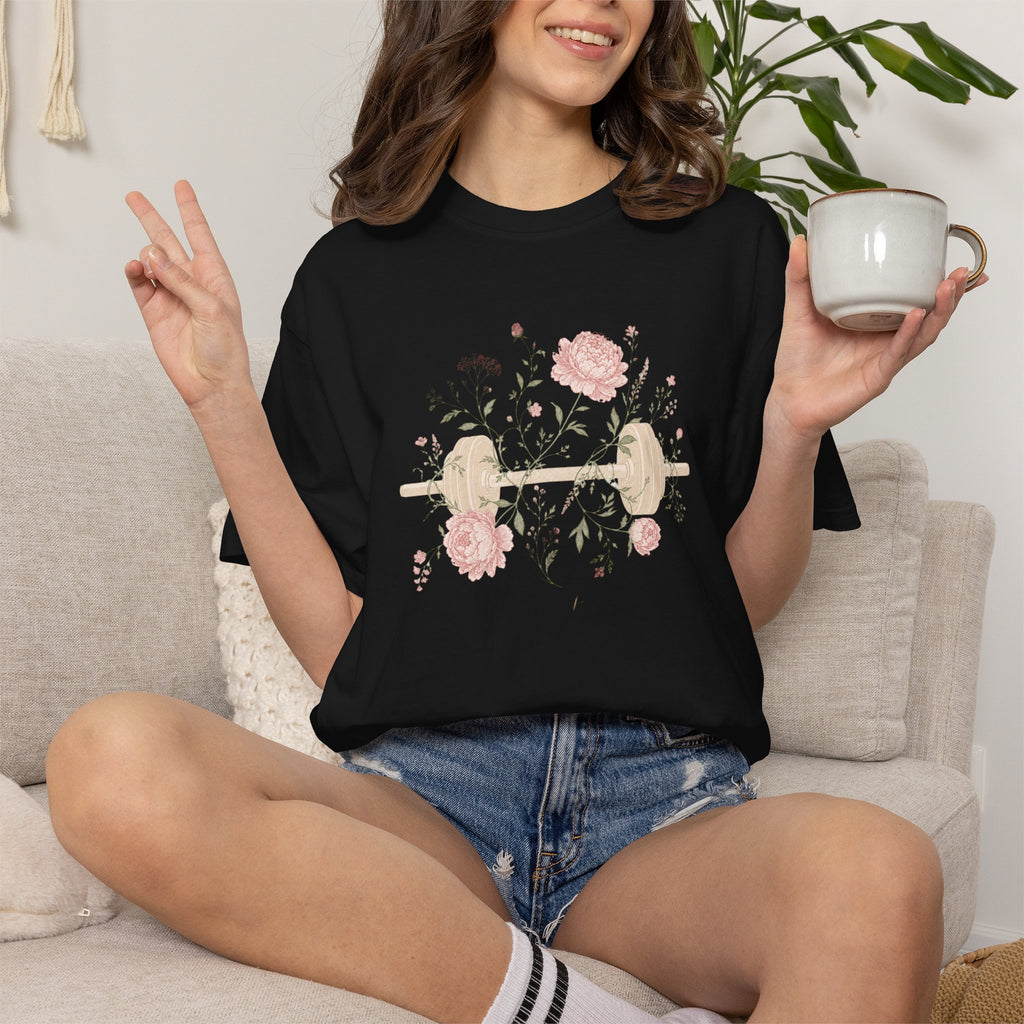Floral Dumbbell T-Shirt — 'Lift & Bloom' Vintage Fitness Tee