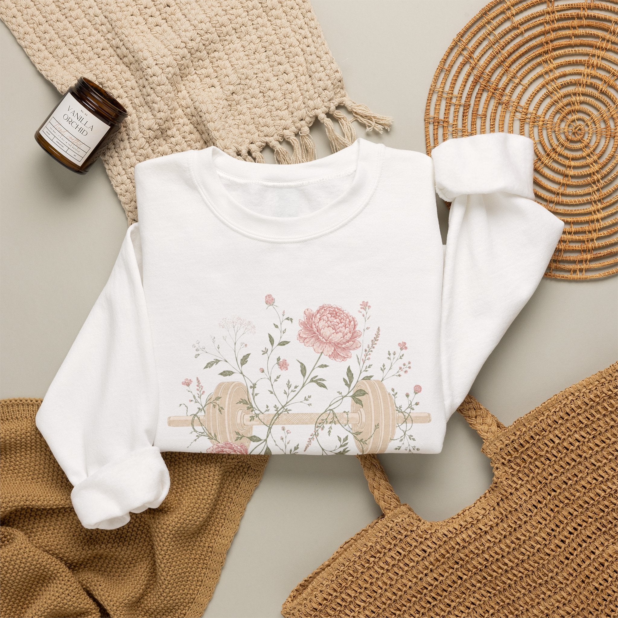 Dumbbell Floral Sweatshirt — Weightlifting Floral Crewneck for Fitness Lovers