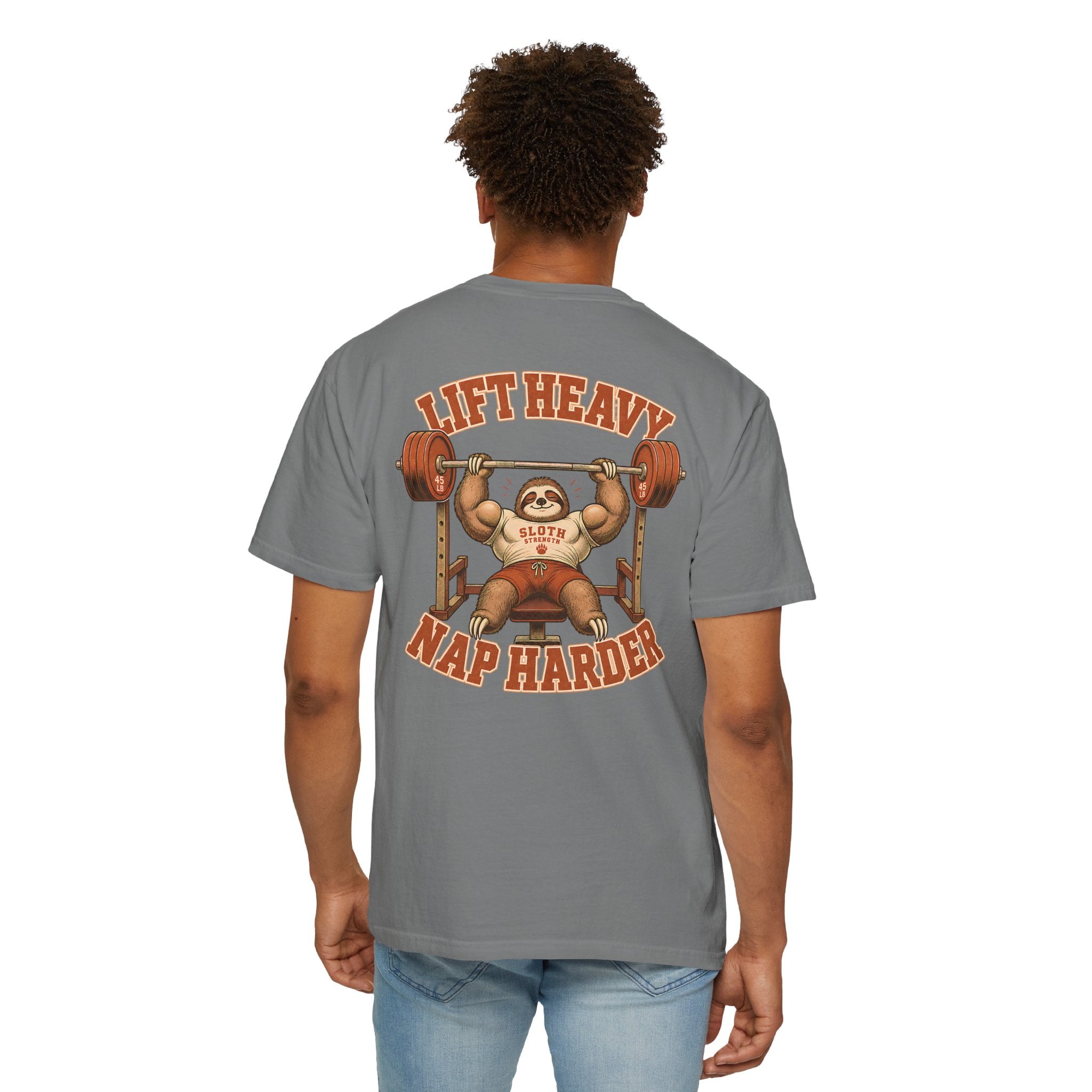 Sloth Weightlifting T-Shirt — "Lift Heavy Nap Harder" Funny Gym Tee